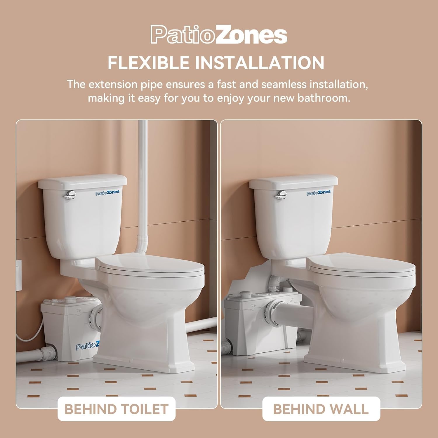 Macerating Toilet System 2-Piece Upflush Toilet with Pump(with Extension Pipe) for Basement Sink/Shower/Laundry Waste Water Disposal, Copper Motor, Elongated, Less Consumption, 230ft Horizontally