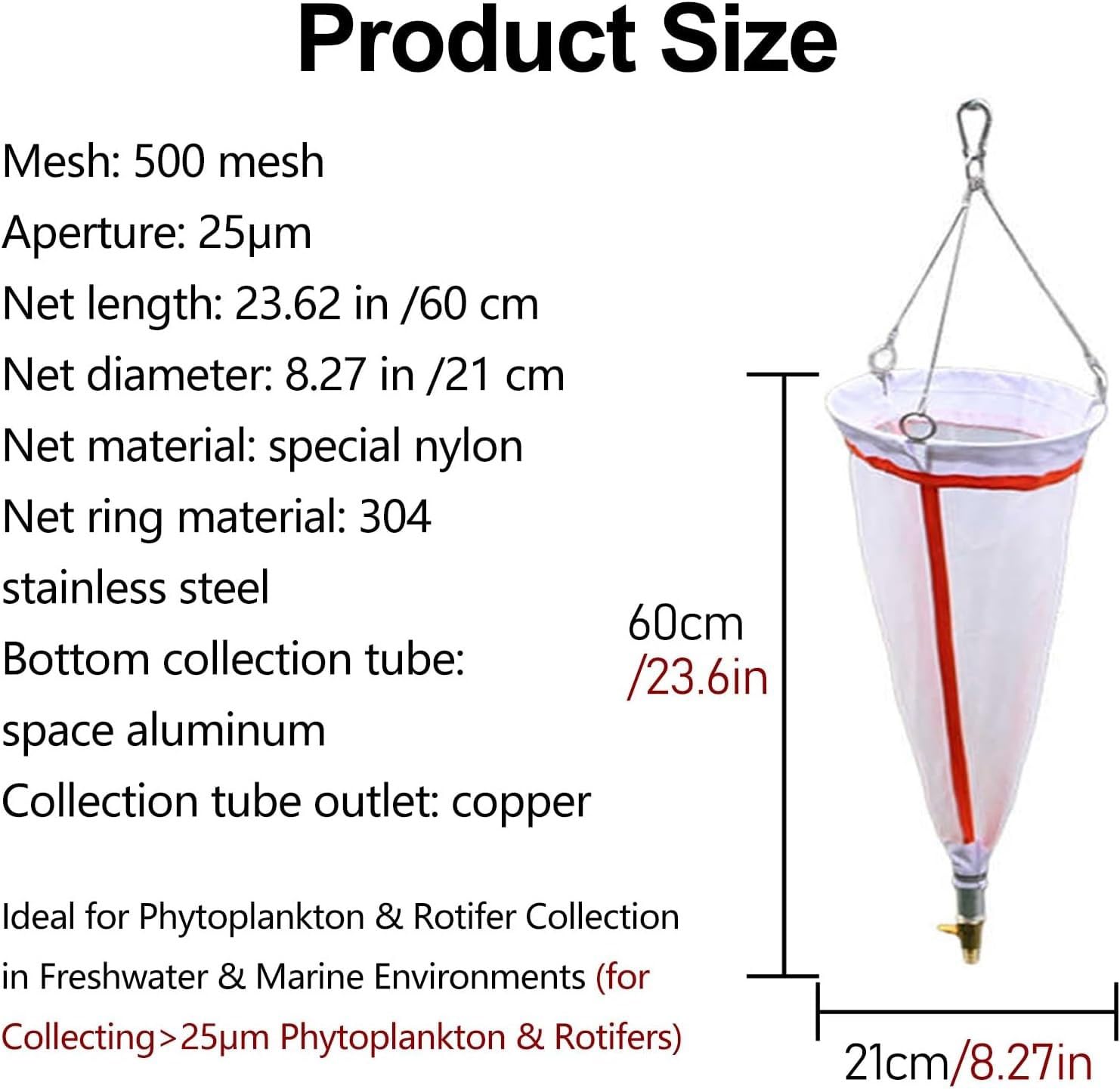 Rete professionale in plancton a maglia fine per la ricerca acquatica, rete di campionamento di organismi marini con corda di cotone, strumento di raccolta scientifica all'aperto portatile durevole