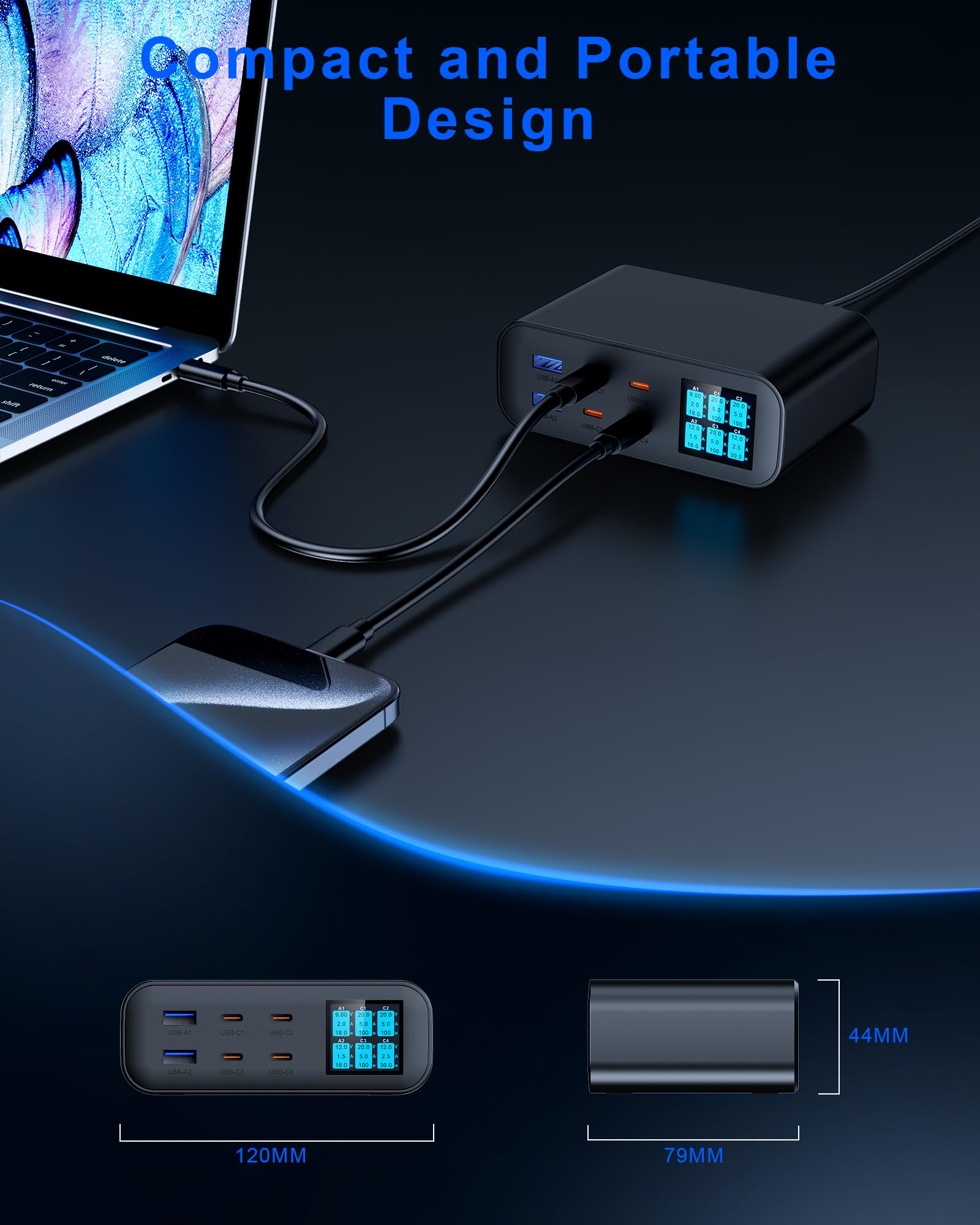 Stacja ładująca USB C, 200 W, 6-portowa stacja ładująca GaN, wieloportowa ładowarka do szybkiego ładowania, kompatybilna z iPhone 16/15/14 i MacBook Air/Pro, HP, Dell i innymi (czarna)