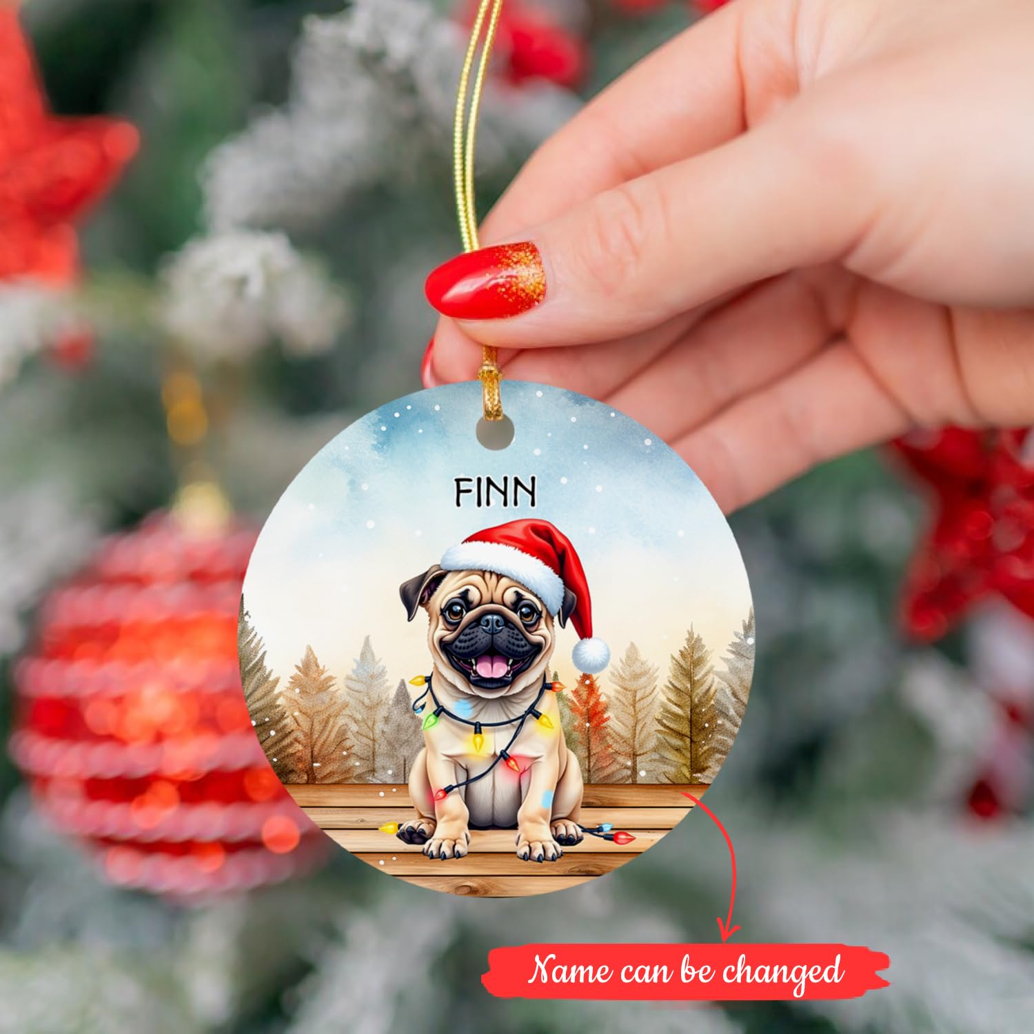 Customized Pug Dog Keepsake Ornament Christmas 2025 - Personalized Pet Lovers Xmas Gift With Name - Custom Puppy Decorations Present for Pug Owners