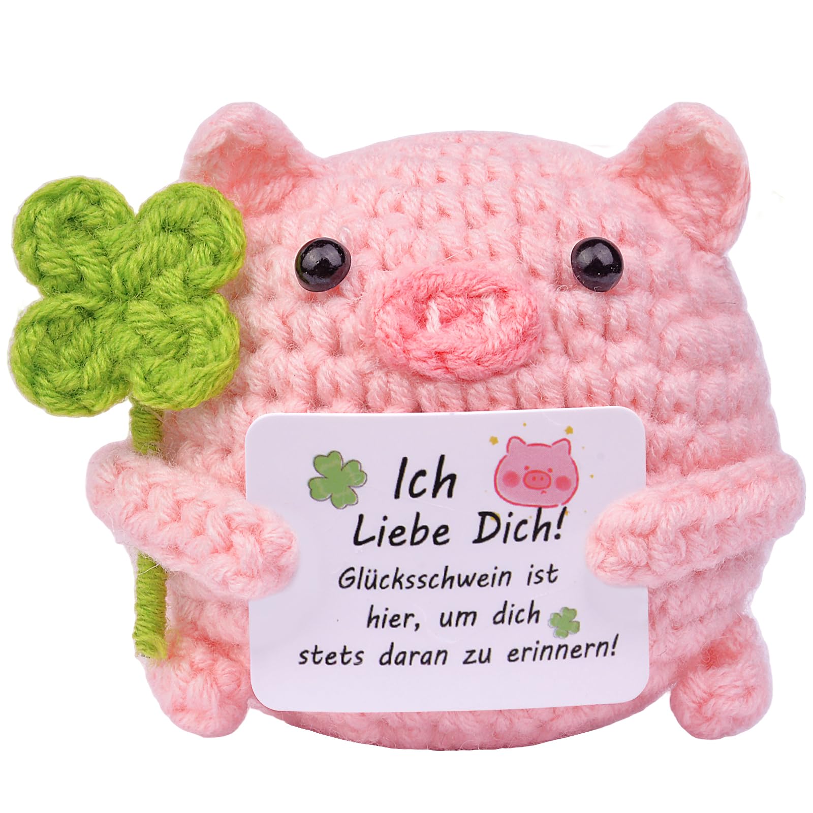 Mwmoeen Pocket Hug Gestricktes Minischwein, Kreative Strickwolle Glücksschwein mit Vierblättriges Kleeblatt, Viel Glück Geschenk, Mutmacher Geschenk für Freundin Frau Mama