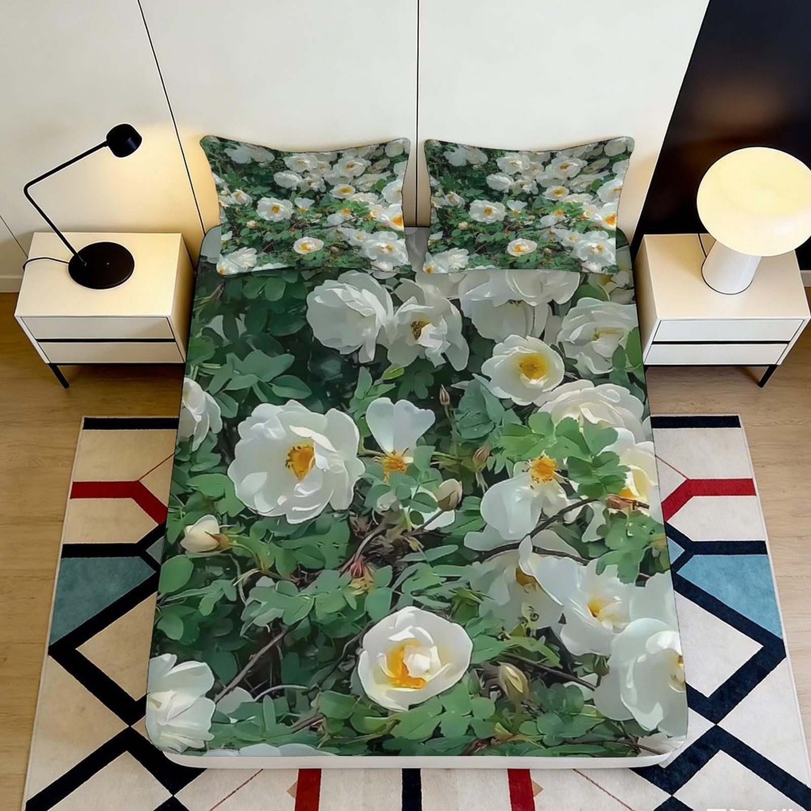3D Printed White Peony Floral Fitted Sheet Microfiber Soft Green Botanical Bed Sheet for Bedroom Guest Room Decor 90x200x25cm