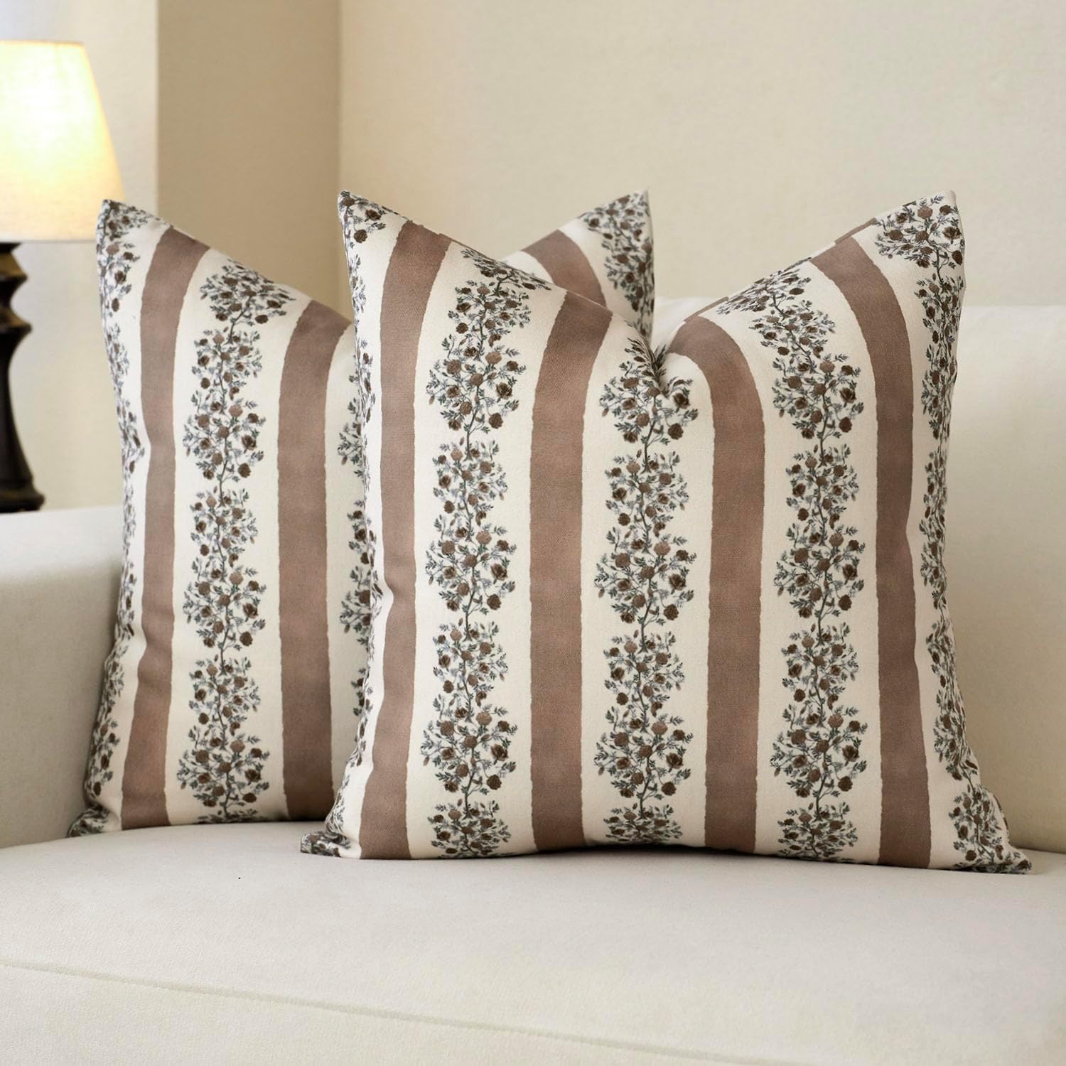 DOMVITUS Floral Throw Pillow Covers 18x18 Inch Set of 2, Block Print Decorative Pillow Covers Vintage Striped Neutral Farmhouse Boho Home Decor for Couch Sofa Bed Living Room, Brown