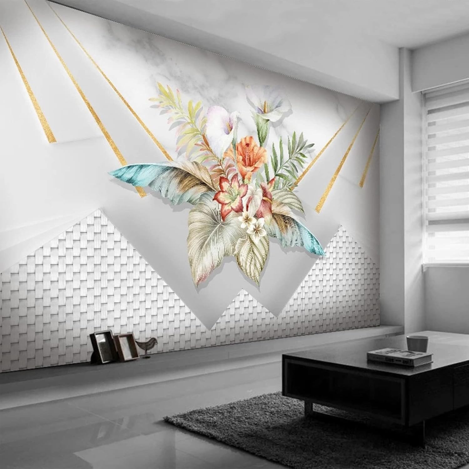 Autocollants muraux plantes 3D et papier peint paysage floral salon 150x105