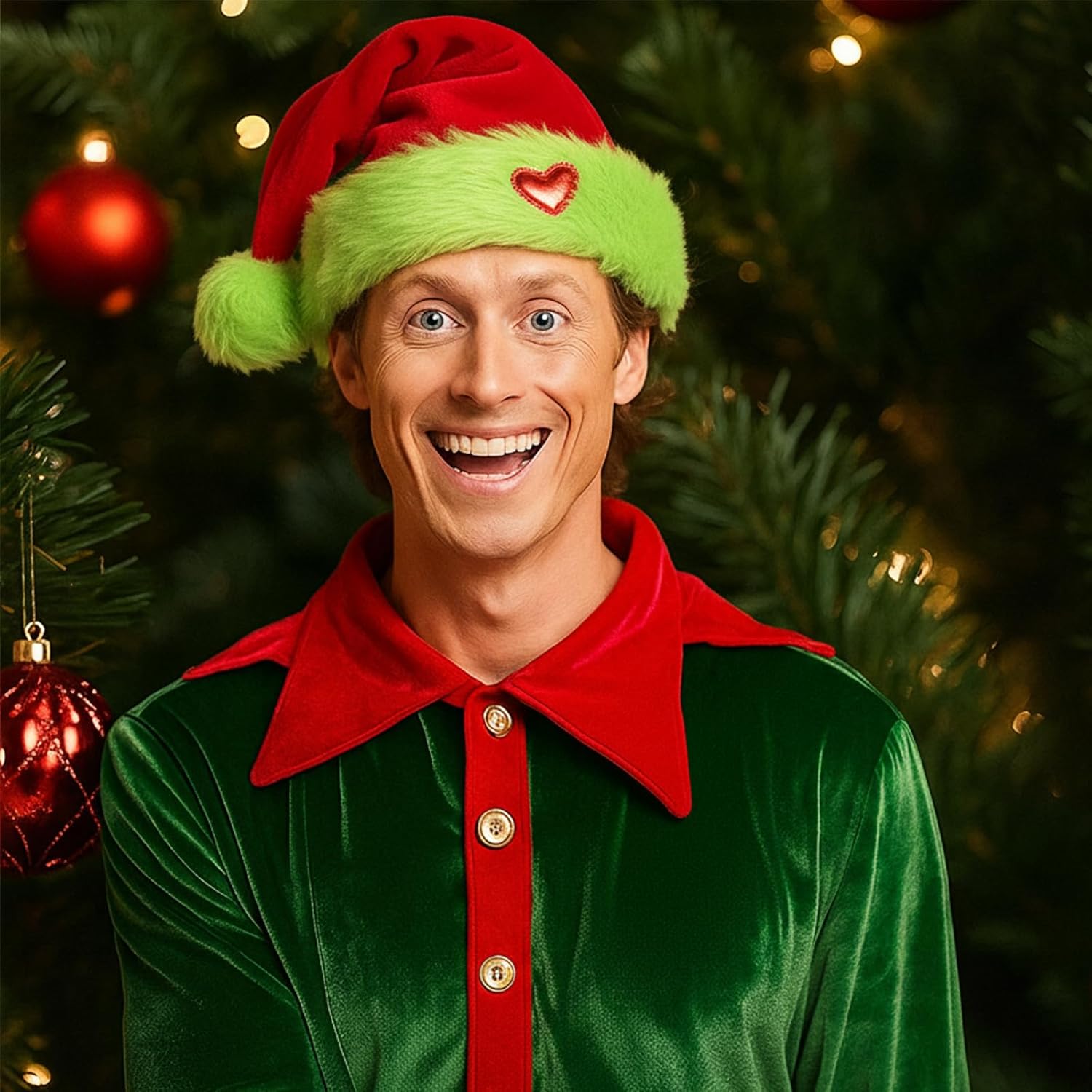 Haysandy Christmas Green Furry Hat with Heart Santa Hat Fur Trim Adult Xmas Classic Santa Cap for Christmas Winter Festive Holiday Gift Women Men New Year Role Playing Party Photo Prop - Image 4