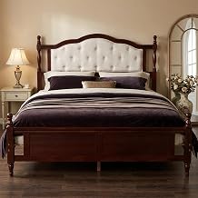 Cherry Wood Queen Bed Frame with Upholstered Headboard