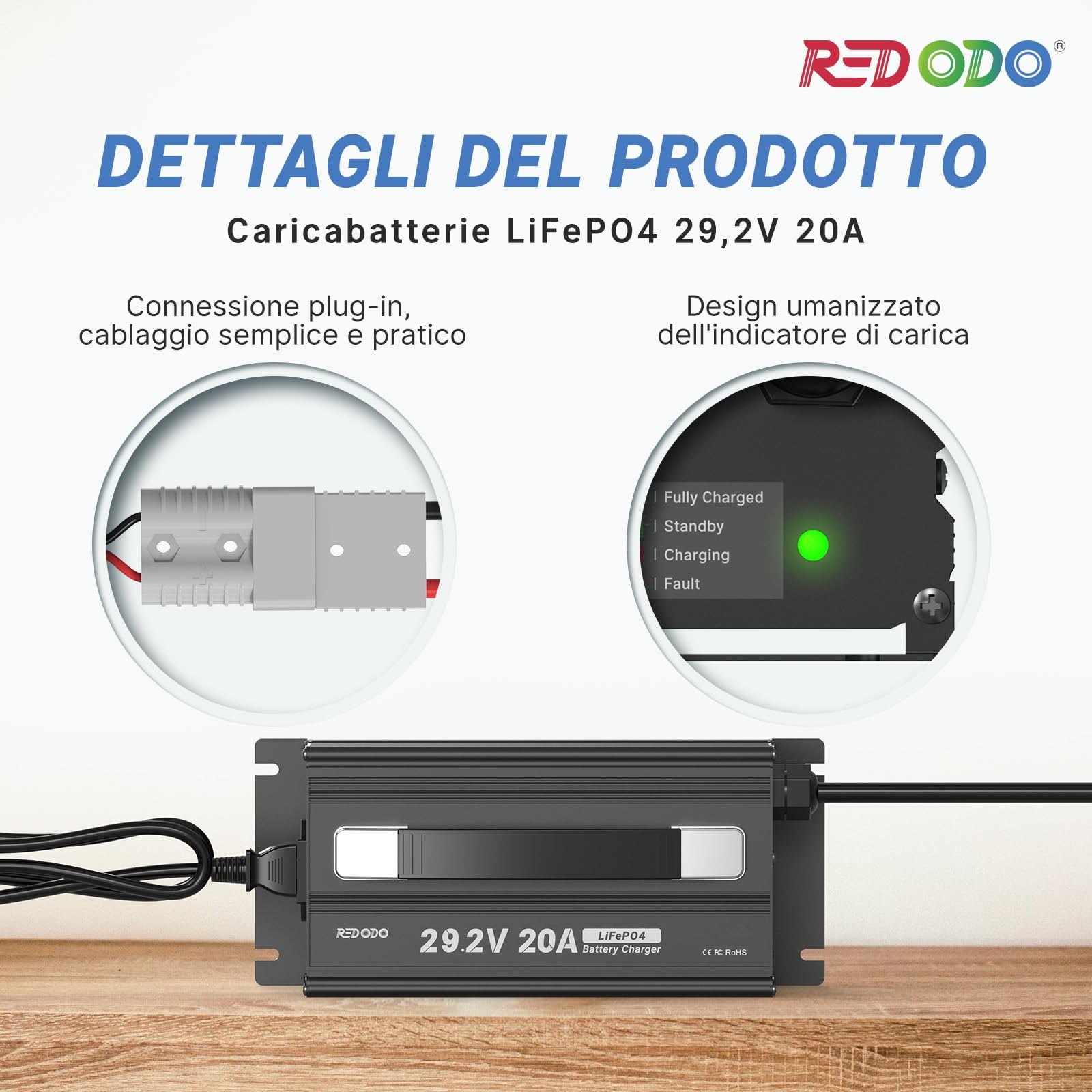 Redodo 29.2V 20A LiFePO4 Caricabatterie Litio, Caricabatterie AC-DC a Carica Rapida, Adatto per Batterie Litio Ferro Fosfato da 24V, Indicatori LED e 4 Funzioni di Protezione