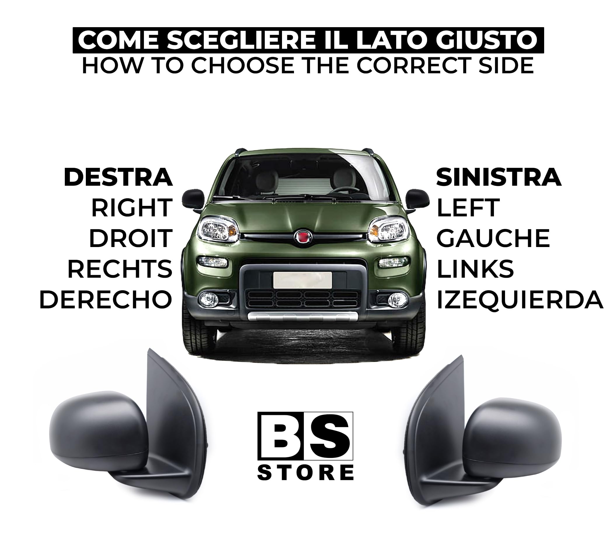 BSSTORE Specchietto Retrovisore Esterno Nero per Panda dal 2012 (312, 319) con Regolazione Manuale (Sinistra - Lato Conducente)