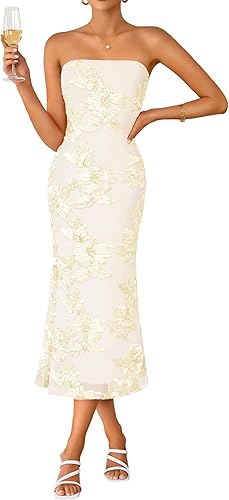 ZESICA Women's Summer Strapless Floral Midi Dress 2026 Bodycon Mesh Tube Wedding Guest Cocktail Party Formal Dresses