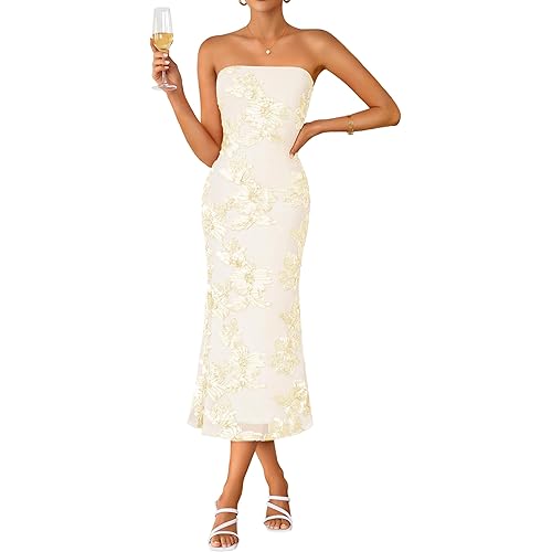 ZESICA Women's Summer Strapless Floral Midi Dress 2026 Bodycon Mesh Tube Wedding Guest Cocktail Party Formal Dresses