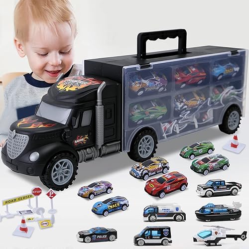 Miniatura 9 de Juguetes para niños de 3 a 4 años, juego de transporte de camiones grandes con 12 vehículos fundidos a presión, camiones, juguetes, autos, regalos