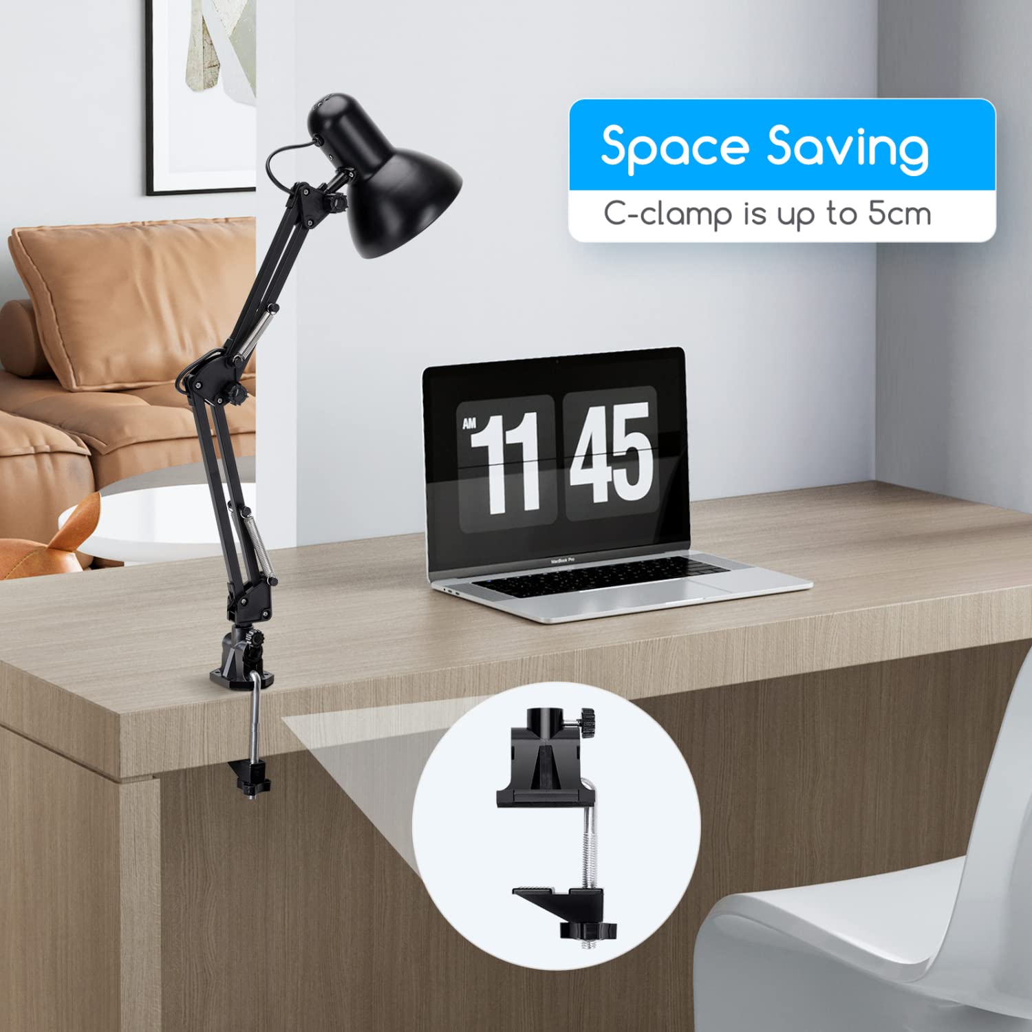 Aigostar Lámpara de Escritorio E27, Flexo Lamparas de Mesita de Noche con Base y Abrazadera, Brazo articulado de metal, Lámpara de Mesa Ajustable para Oficina, Sala, Estudio y Dormitorio - Negro