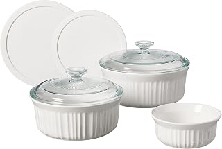CorningWare French White 7-Piece Stoneware Bakeware Set with Lids - Chip-Resistant Oven-to-Table Casseroles