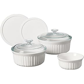 CorningWare Ceramic Bakeware Set with Lids Chip and Crack Resistant Stoneware Baking Dish, Microwave, Dishwasher, Oven, Freezer and Fridge Safe, 6-Piece French White