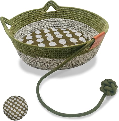 Panbo Cama tejida a mano para gatos con cola de juguete, casa en forma de gatito, almohadilla de algodón natural y lino para gatos, transpirable e