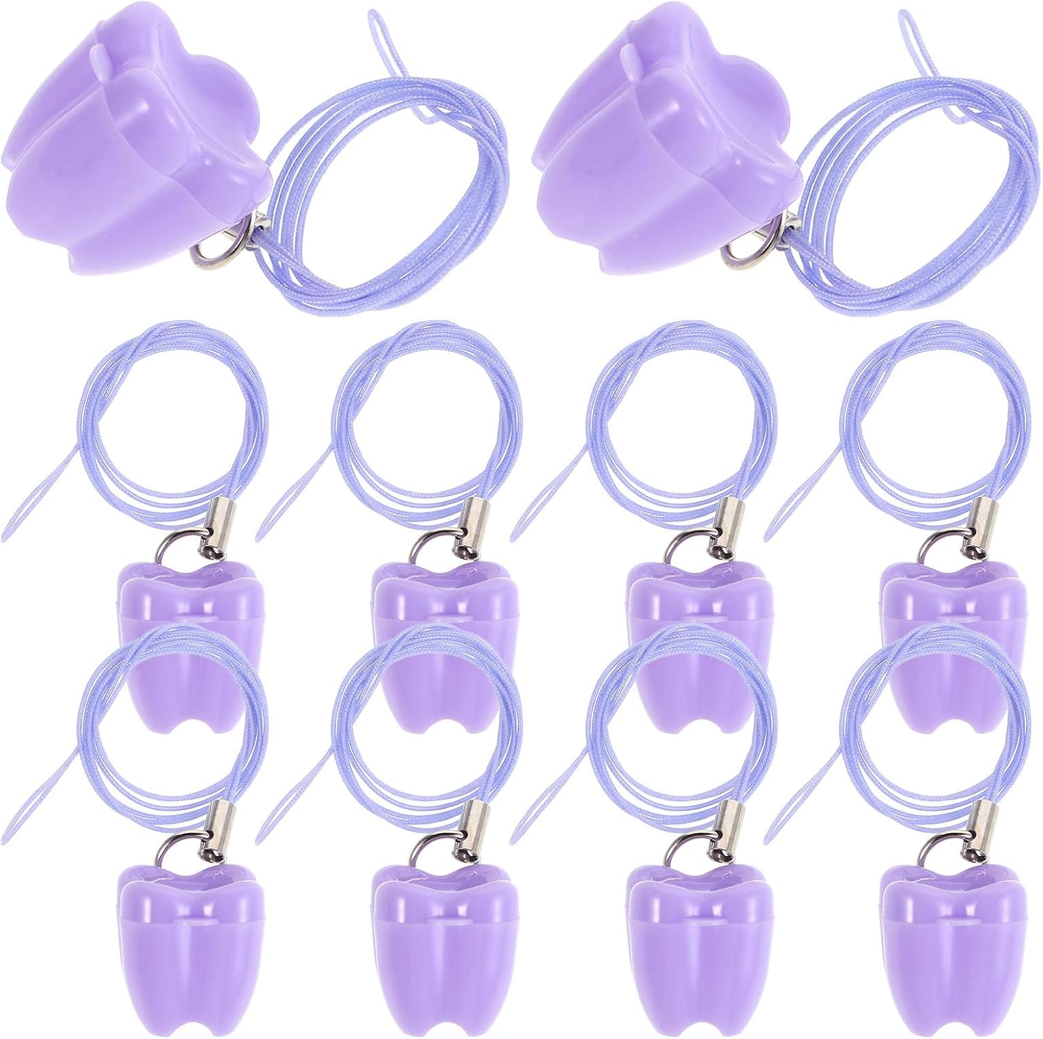10 Pack Baby Tooth Keepsake Boxes with Lanyards, Violet Tooth Shape