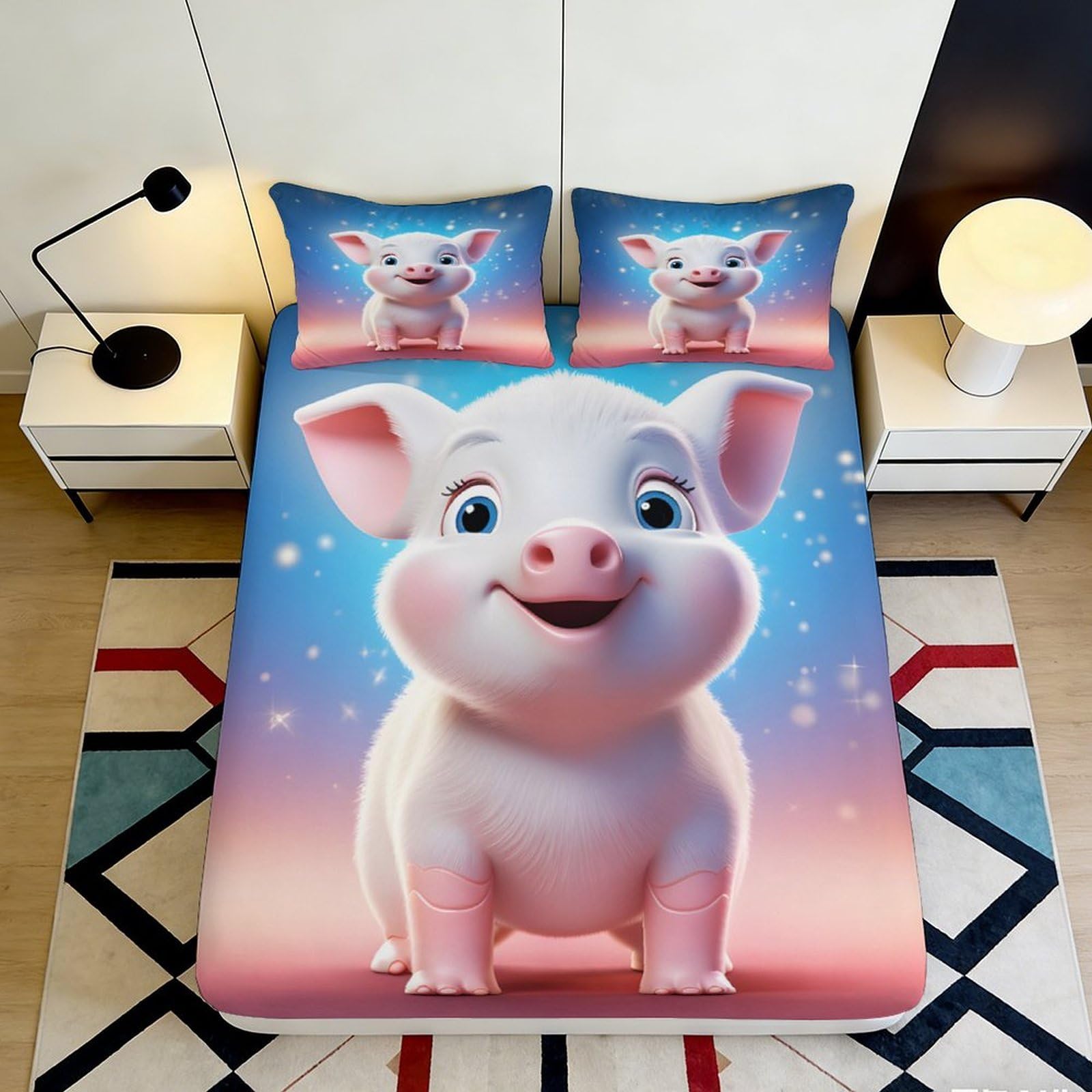 3D Printed Cute Piglet Fitted Sheet Microfiber Soft Durable 3D Printed Cartoon Bed Cover for Bedroom Dormitory Guest Room Mattress Protection 120x200x25cm