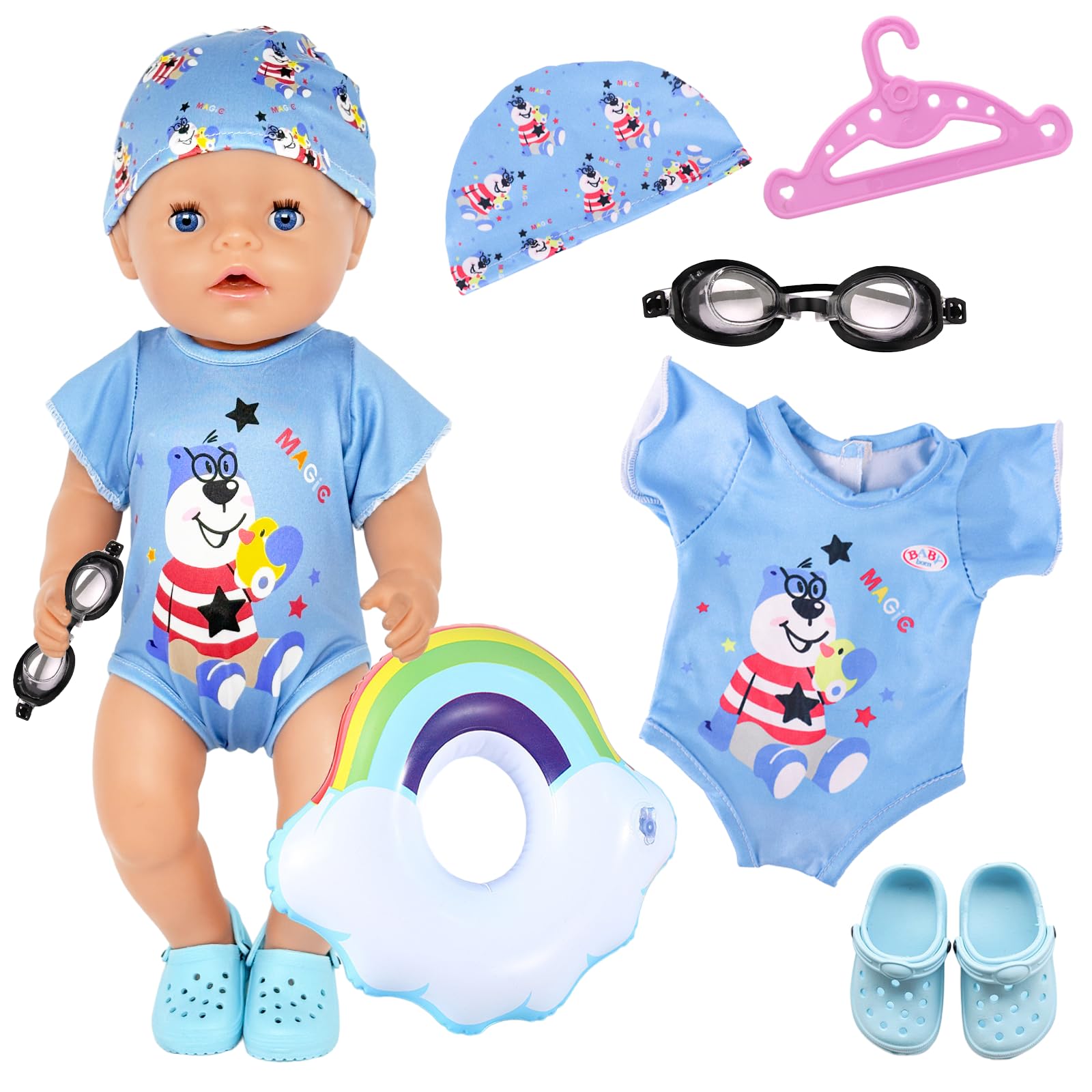6 Pcs Doll Swim Sets, Baby Dolls, Swimming Set 35-45cm, Blue Bear Swimsuit with Hat, Sunglasses Clothes Hangers, Shoes, Rainbow Swimming Bands for Dolls 35-45cm