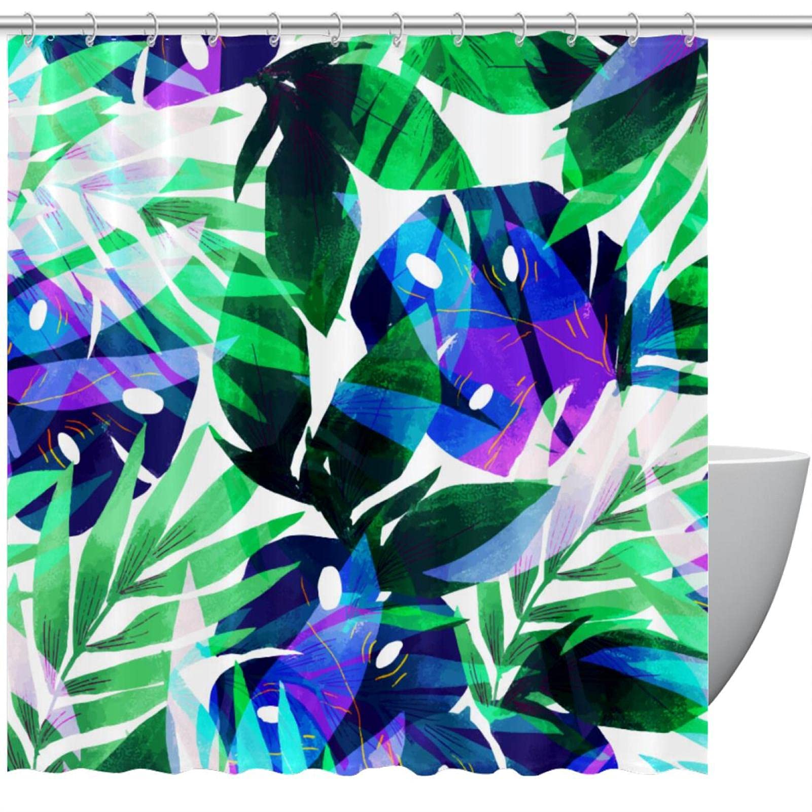 Rideau de douche vert aux motifs feuilles tropicales 152x182 cm avec ses 12 crochets