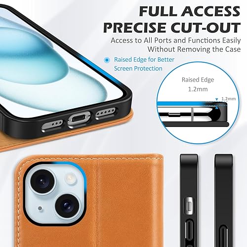 Miniatura 7 de SHIELDON Funda para iPhone 15 5G 2023, piel auténtica para iPhone 15, cartera con función atril, bloqueo RFID, tarjetero magnético a prueba de