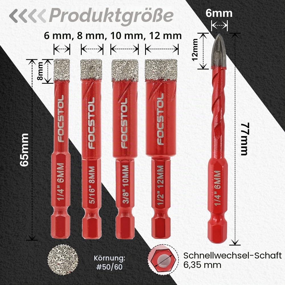 FOCSTOL Diamant Fliesenbohrer 6/8/10/12mm mit Schnellwechsel-Sechskantschaft und 6mm Hartmetallbohrer für Keramik Porzellan Fliese Marmor Granit Ziegel Packung mit 5
