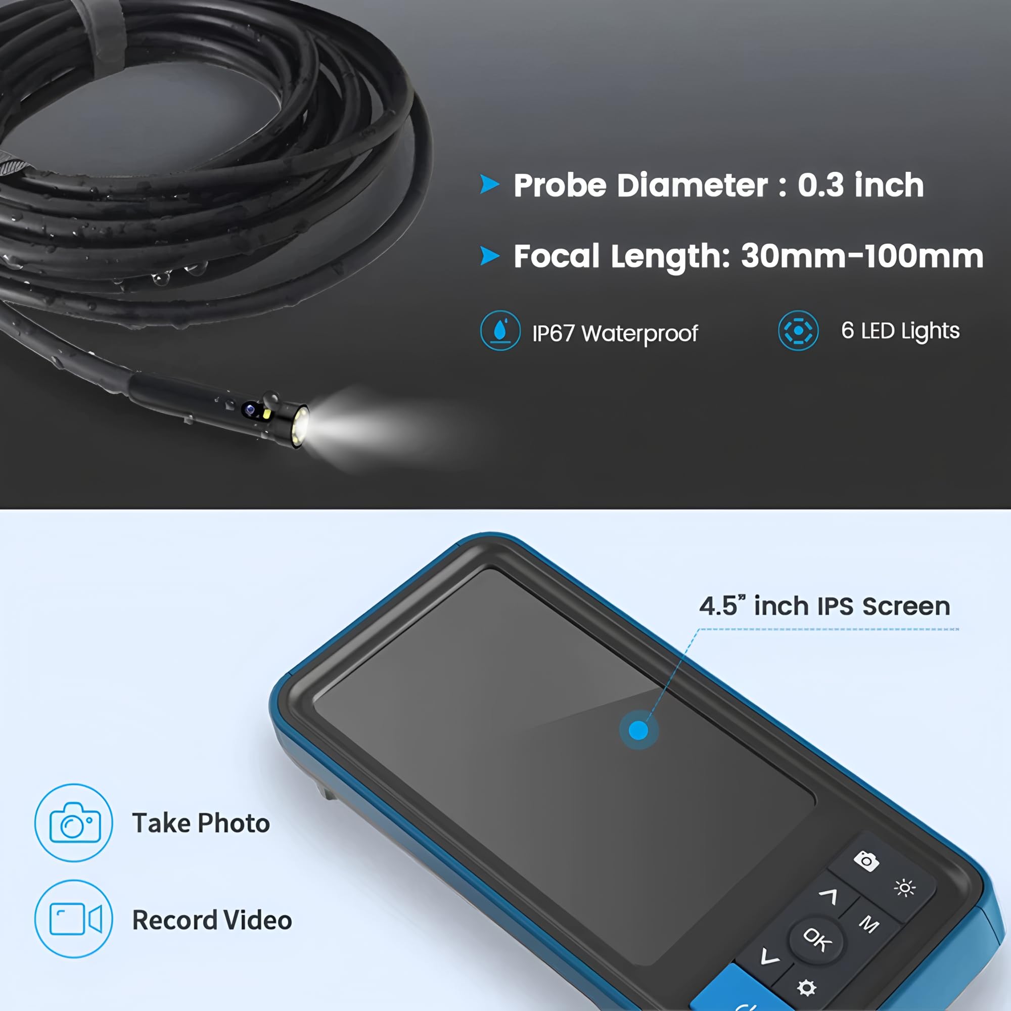 Borescopes endoscopes MS450 inspect camera Single & Dual Lens Industrial Endoscope 1080P 4.5” LCD Pipe Sewer Inspection Camera Waterproof Snake Camera with 6 LED (Dual Lens-8mm-5M)