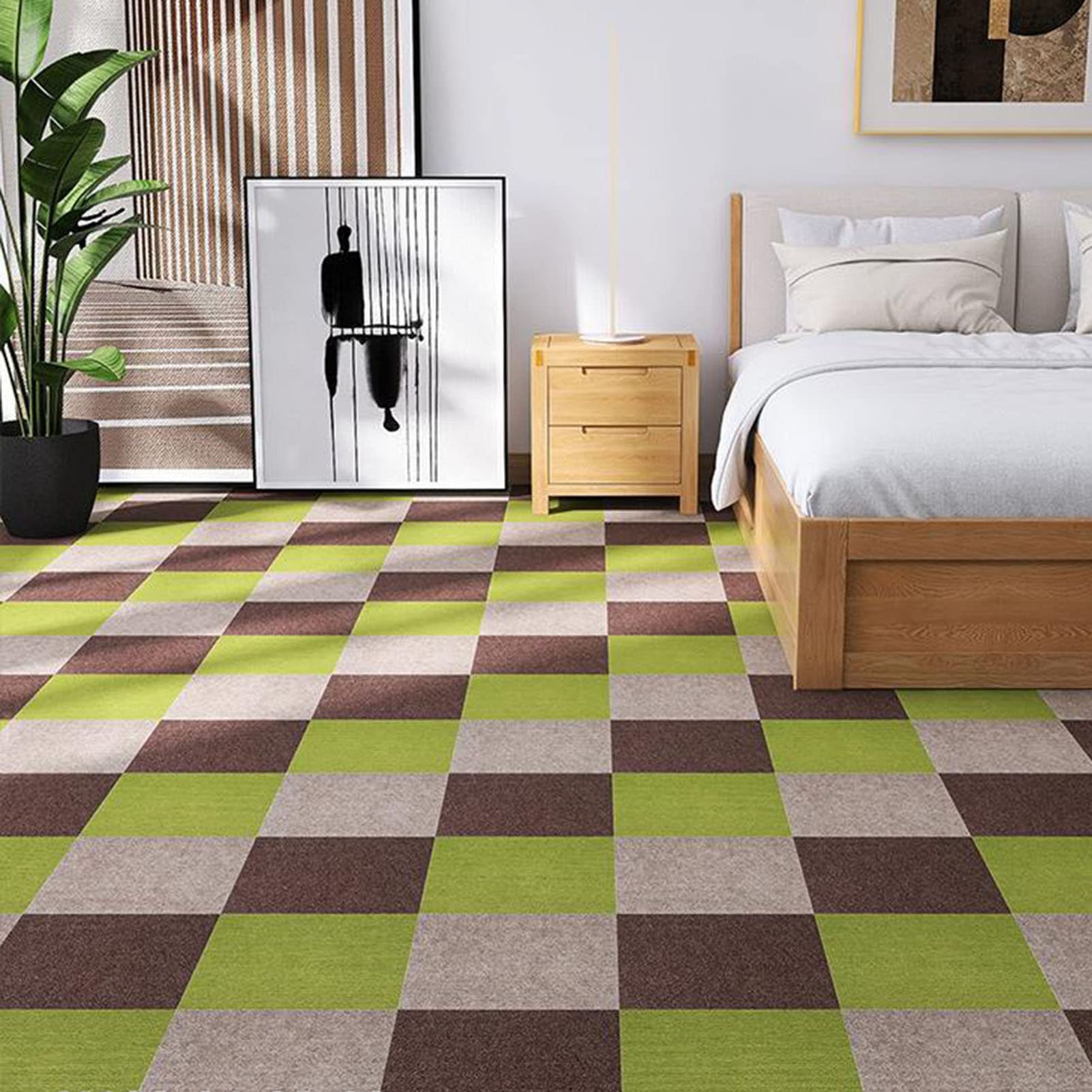 Carpet Tiles Peel and Stick, Self Adhesive Carpet Tiles 12 Pcs Multicolor Peel and Stick Seamless Floor Mat(Light Coffee+Coffee+Green)
