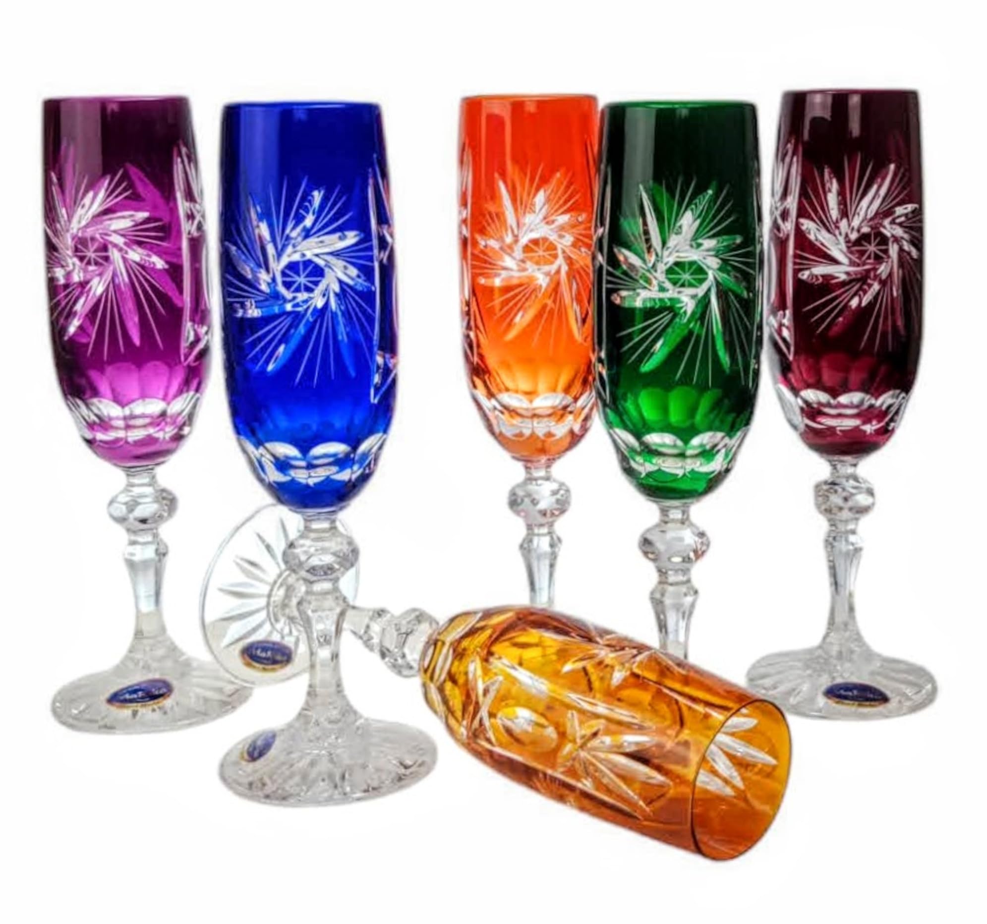 MaRika Mix Set Set de verres à champagne en cristal - 170 ml, fait à la main - Ensemble de 6, couleurs vives et idée cadeau parfaite pour des occasions élégantes