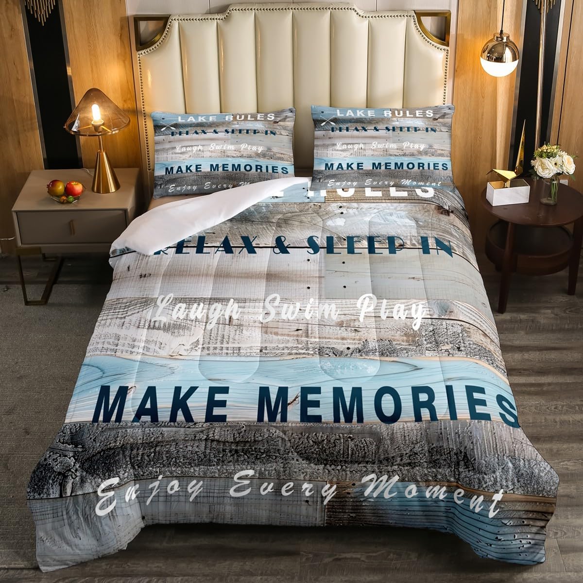 Erosebridal Lake Rules Decor Comforter Set, Rustic Wooden Barn Bedding Set King, Retro Country Farmhouse Duvet Insert for Kids Boys Teens Adult, Lake House Cabin Decor Down Comforter, Grey Blue