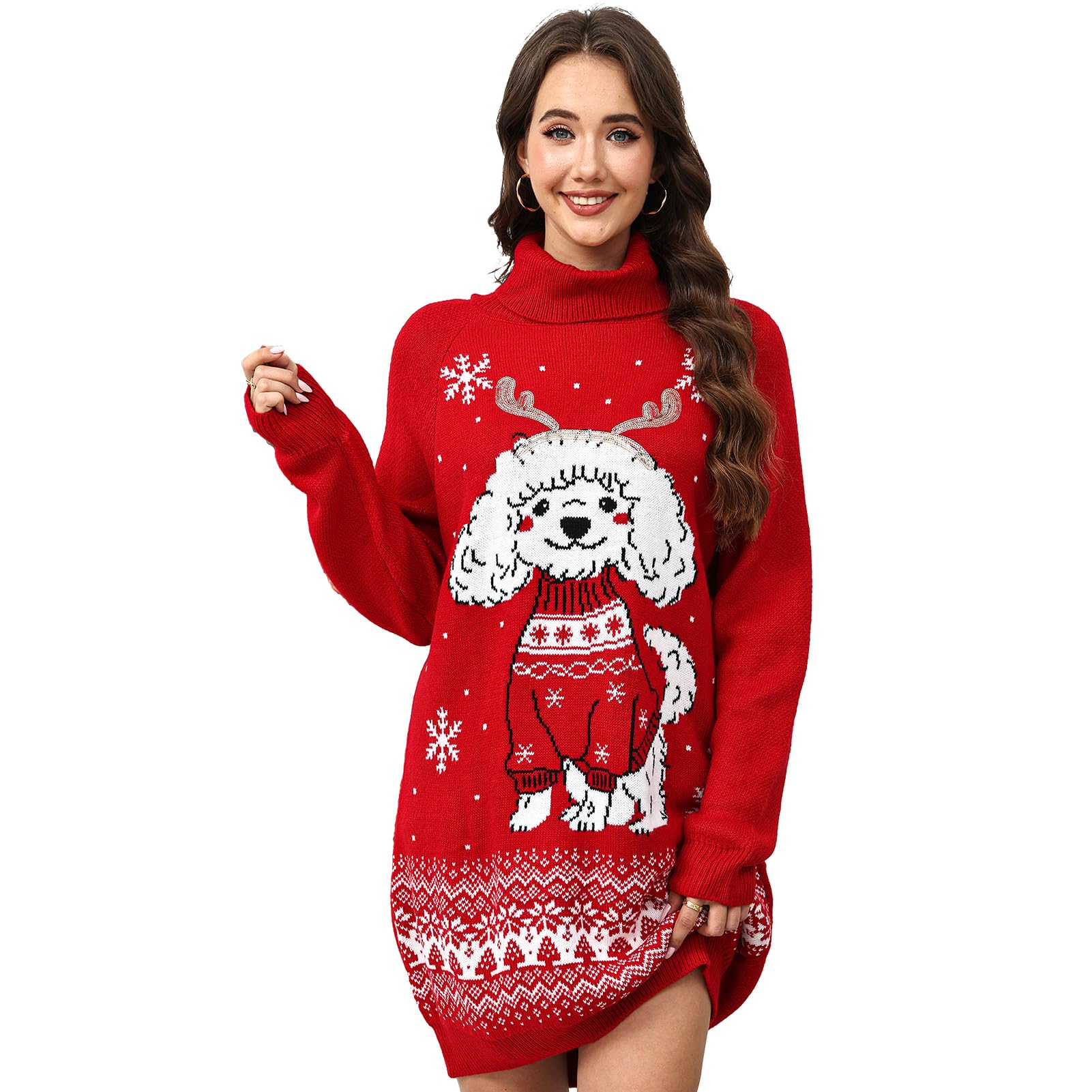 Christmas Ugly Sweater Dresses for Women Cartoon Pattern Oversized Turtleneck Pullover Sweater Dress with Pockets
