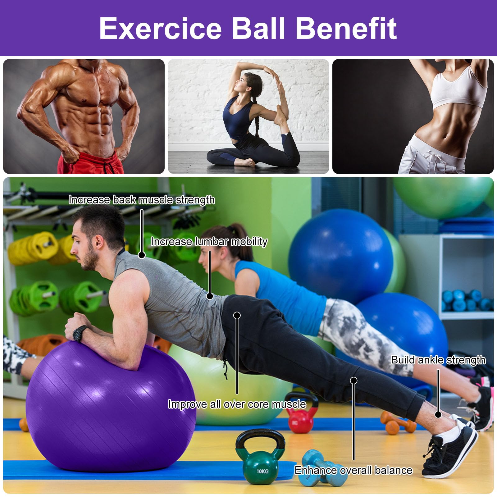 flintronic Palla Fitness, Palla da Ginnastica, 55/65cm Palla Anti-Scoppio, Palla di stabilità, con Pompa, Strumento Tappo Pompa, E Manuale per Yoga, Esercizi di Equilibrio, Allenamento, Fitness