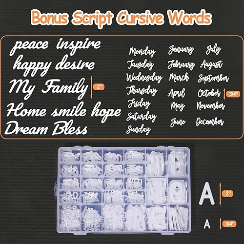 Miniatura 4 de 559 letras blancas extra con organizador para letras de fieltro intercambiables (34 pulgadas y 2 pulgadas) + 11 palabras cursivas + 12 meses + 7