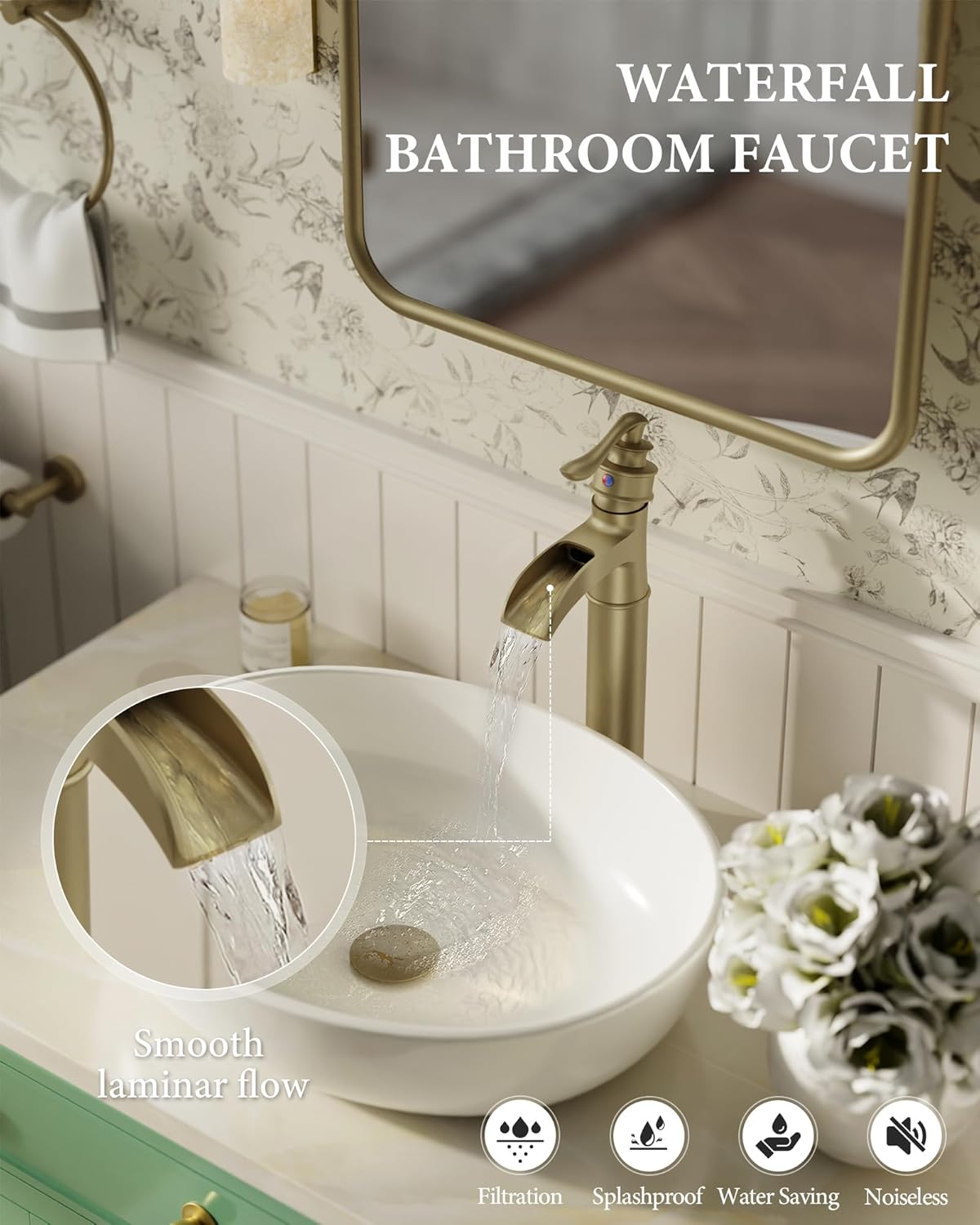 Homevacious Vessel Sink Faucet Brushed Gold Waterfall Tall Bathroom Faucet Single Handle Single Hole Bowl Sink Faucet with Pop Up Drain Assembly and Water Supply Hose Commercial Lavatory Mixer Tap