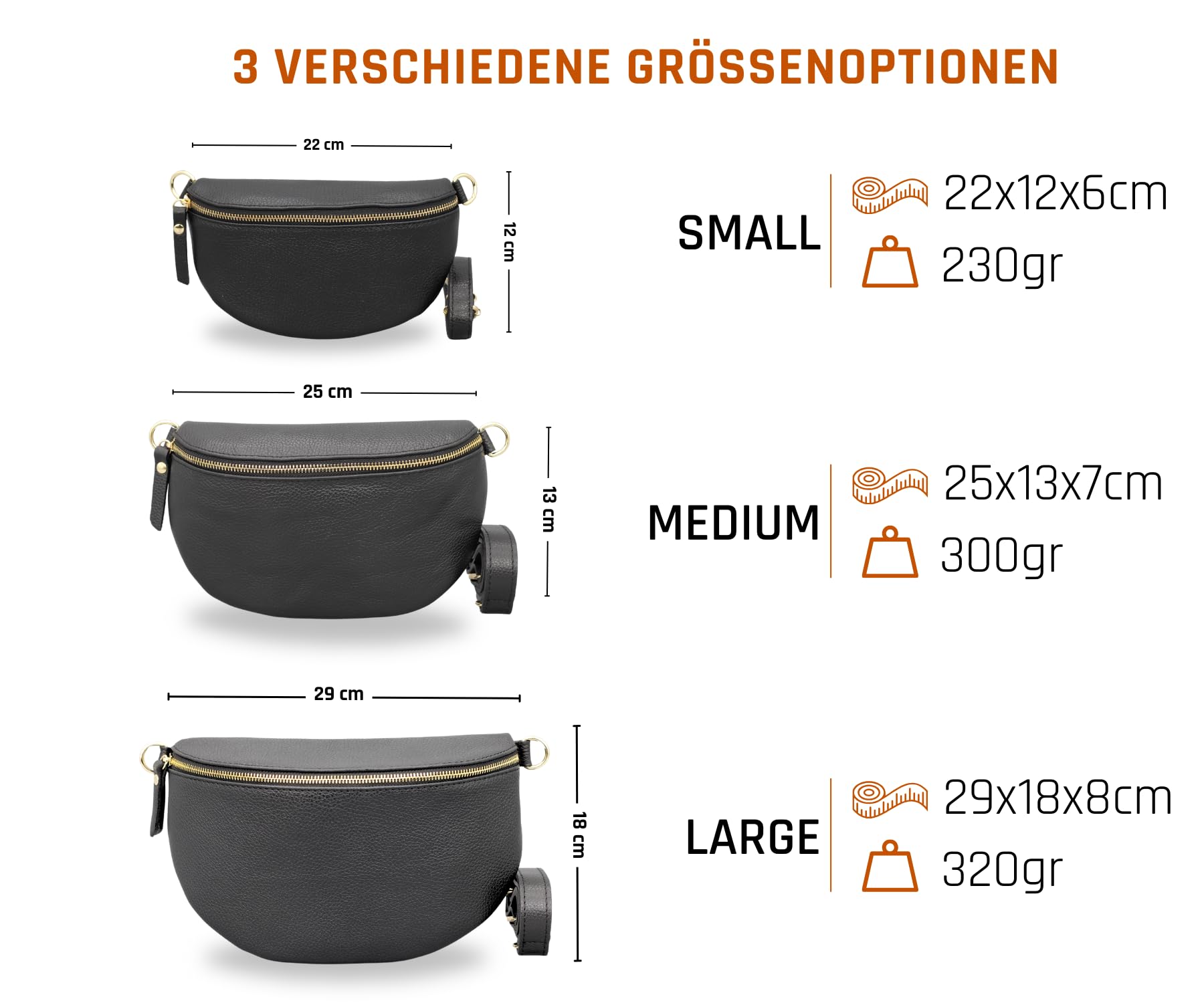 Adel Bags EMMA Gold Bauchtasche Echtleder Handgefertigt Crossbody Bag | Damen Umhängetasche, Echtes Leder, Schultertasche mit Ledergurt & wahlweise gemustertem Riemen, 2 Fächer, Made in Italy