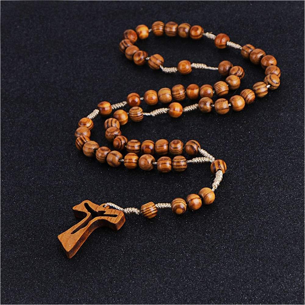 collana in legno con rosario e perline di legno, per uomo e donna