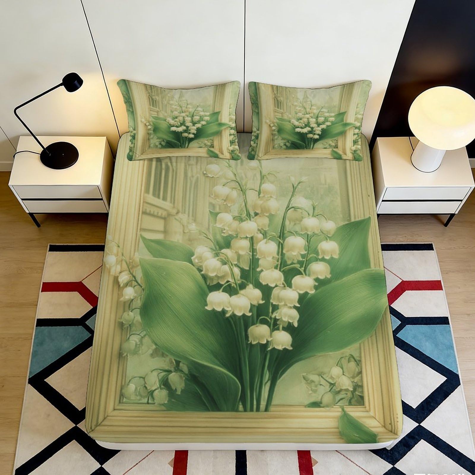3D Printed Lily of the Valley Fitted Sheet Microfiber Green Floral Bed Sheet for Bedroom Guest Room Protection Decor 90x200x25cm