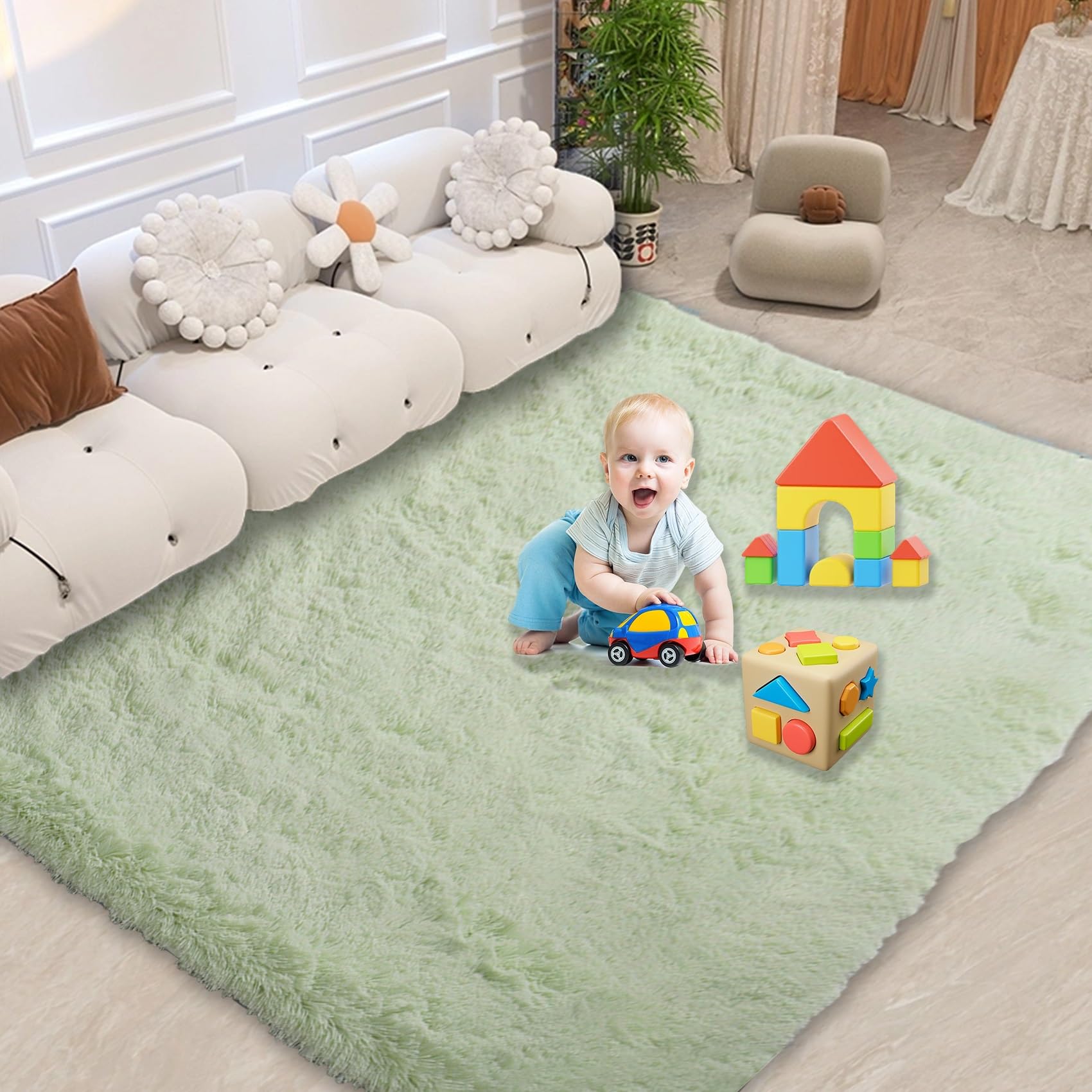 CUIMEI Kitchen Rugs Non Slip Washable 60 x 170 cm, Non Shedding, Anti Slip, Modern Super Soft Thick Pile, Machine Washable, For Living Room Anti-Slip Rugs Mat Living Room, Light Green