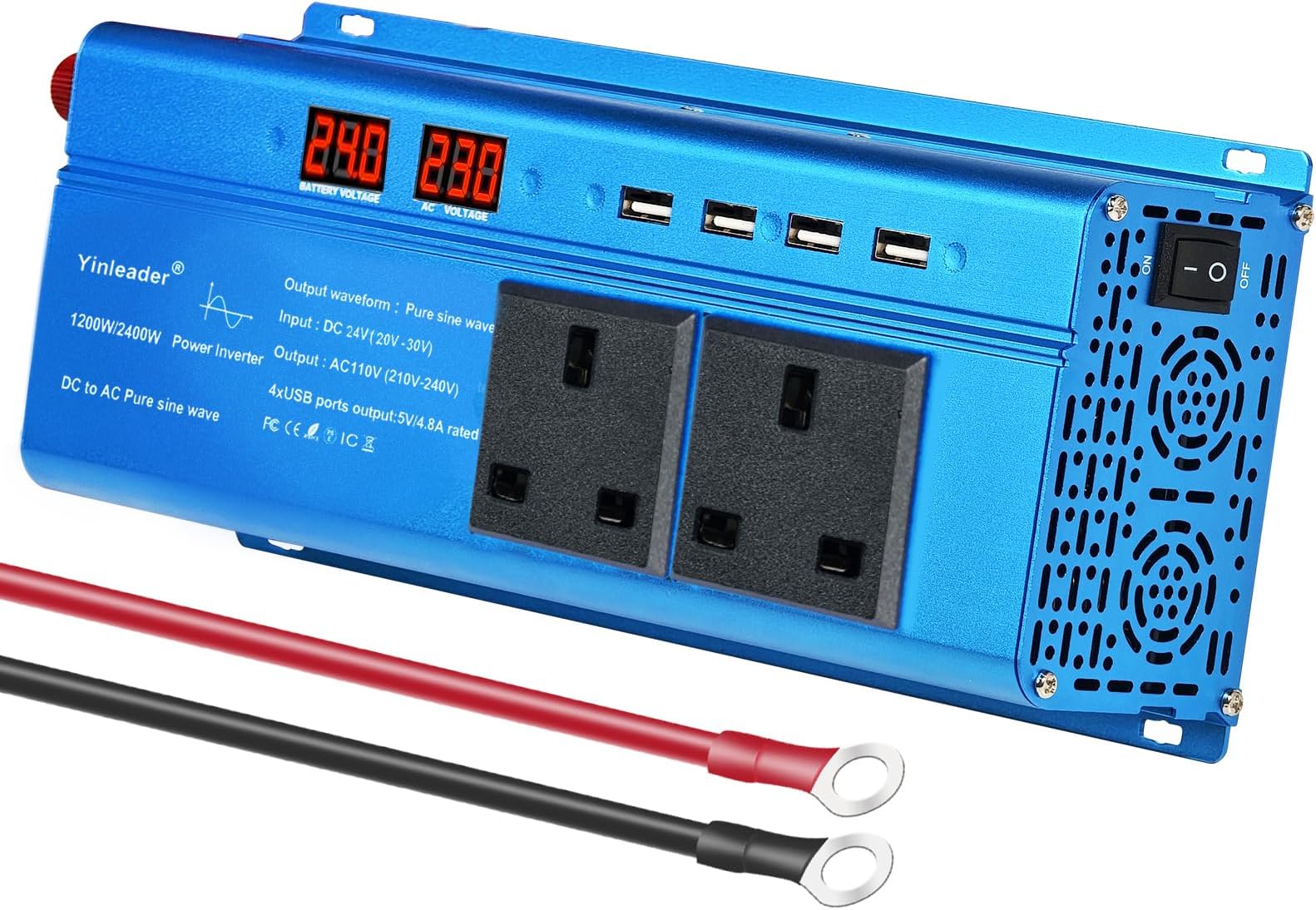 1200W 24V to 240V Pure Sine Wave Power Inverter (2400W Peak), 24V DC to AC Converter with 2 UK 3-Pin Sockets, Smart LCD & 4 USB, for Lorry, HGV, 24V Truck & Off-Grid Solar