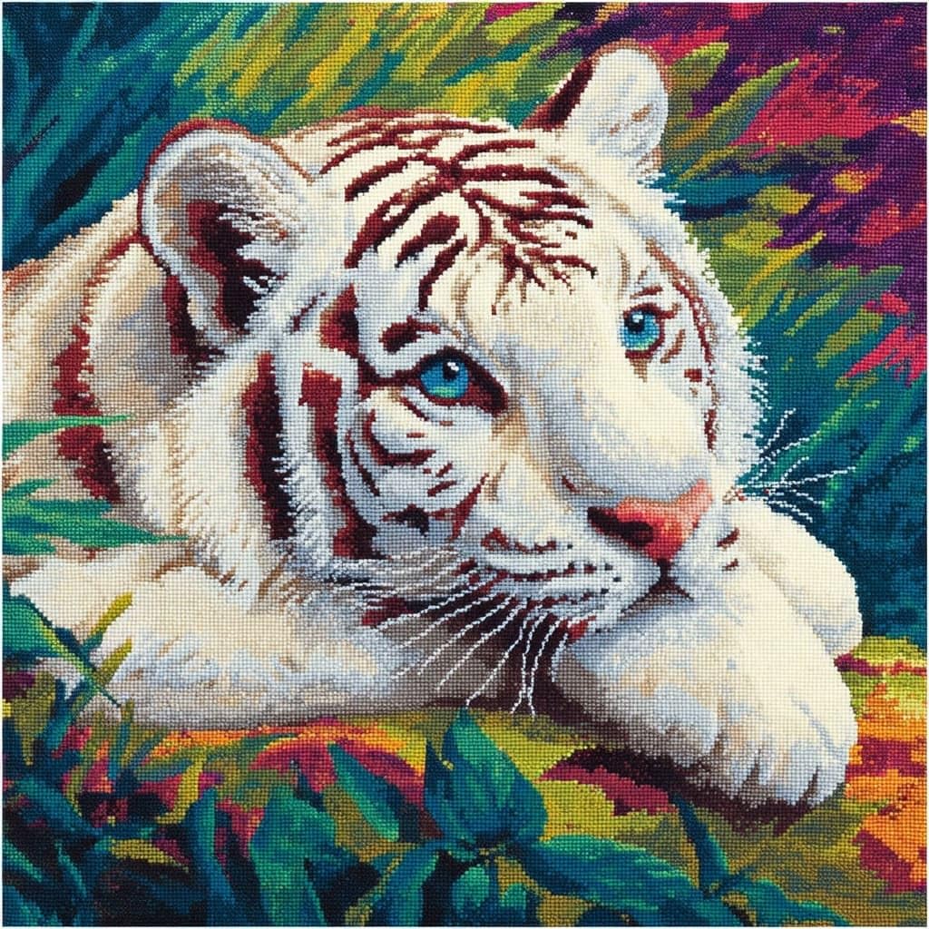 Henypt DIY Latch Hooking Pillow Kits White Tiger