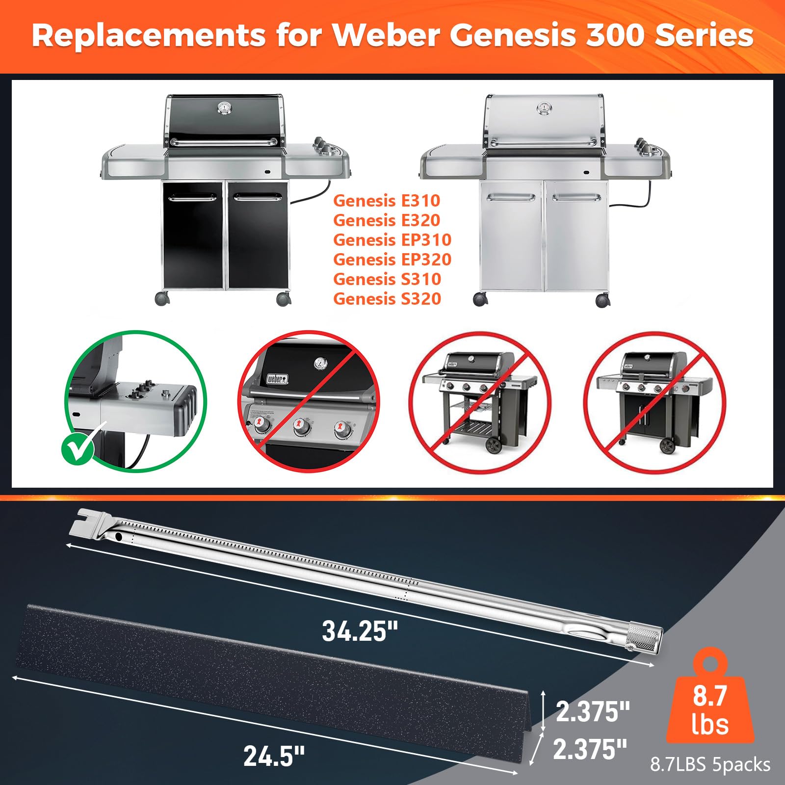 QuliMetal Barras Aromatizantes de 24.5 Pulgadas y Quemador de Parrilla SUS304 de 34.5 Pulgadas para Weber Genesis 300, E310 E320 S310 S320 EP/CEP 310 y 320 Reemplaza a Weber 7540 67722 67820