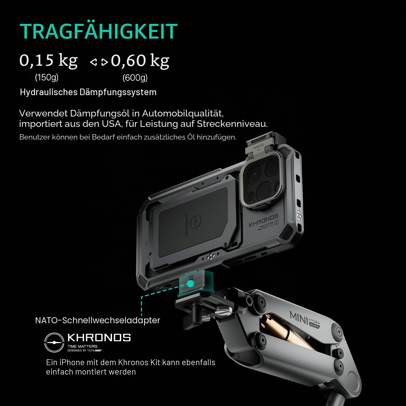 Tilta Hydra Alien Mini Stoßdämpfer mit elektronischem Saugnapf, kompatibel mit DJI Pocket 3, Action 3/4, Insta360 X4/X3 und iPhone, HDA-T15-A-TG