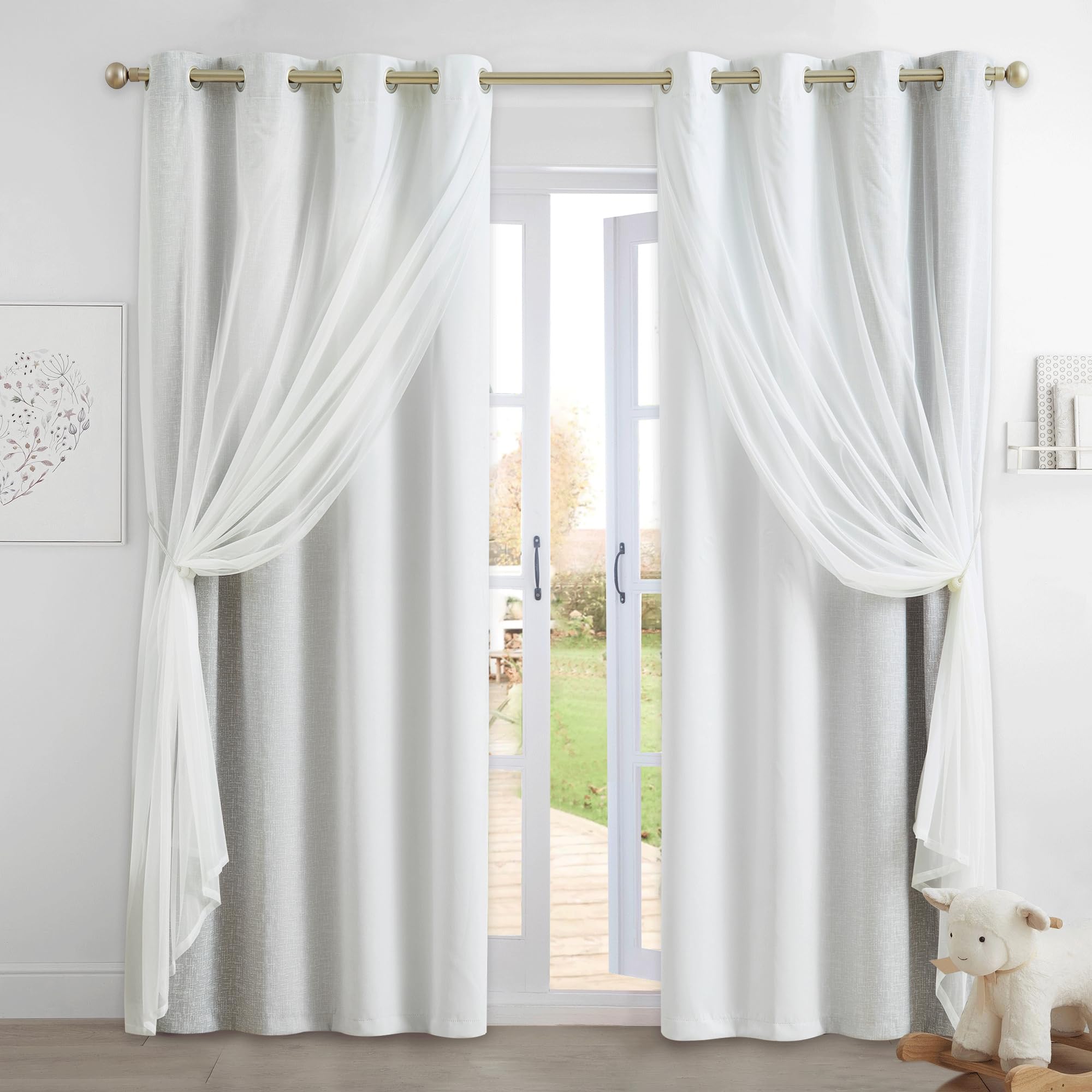 Geomoroccan Ombre 100% Blackout Curtains 96 Inches Long 2 Panels for Bedroom Living Room Grey and White Double Layer Sheer Overlay Mix & Match Grommet Thermal Soundproof Drapes with Tiebacks, 52x96 — image 1