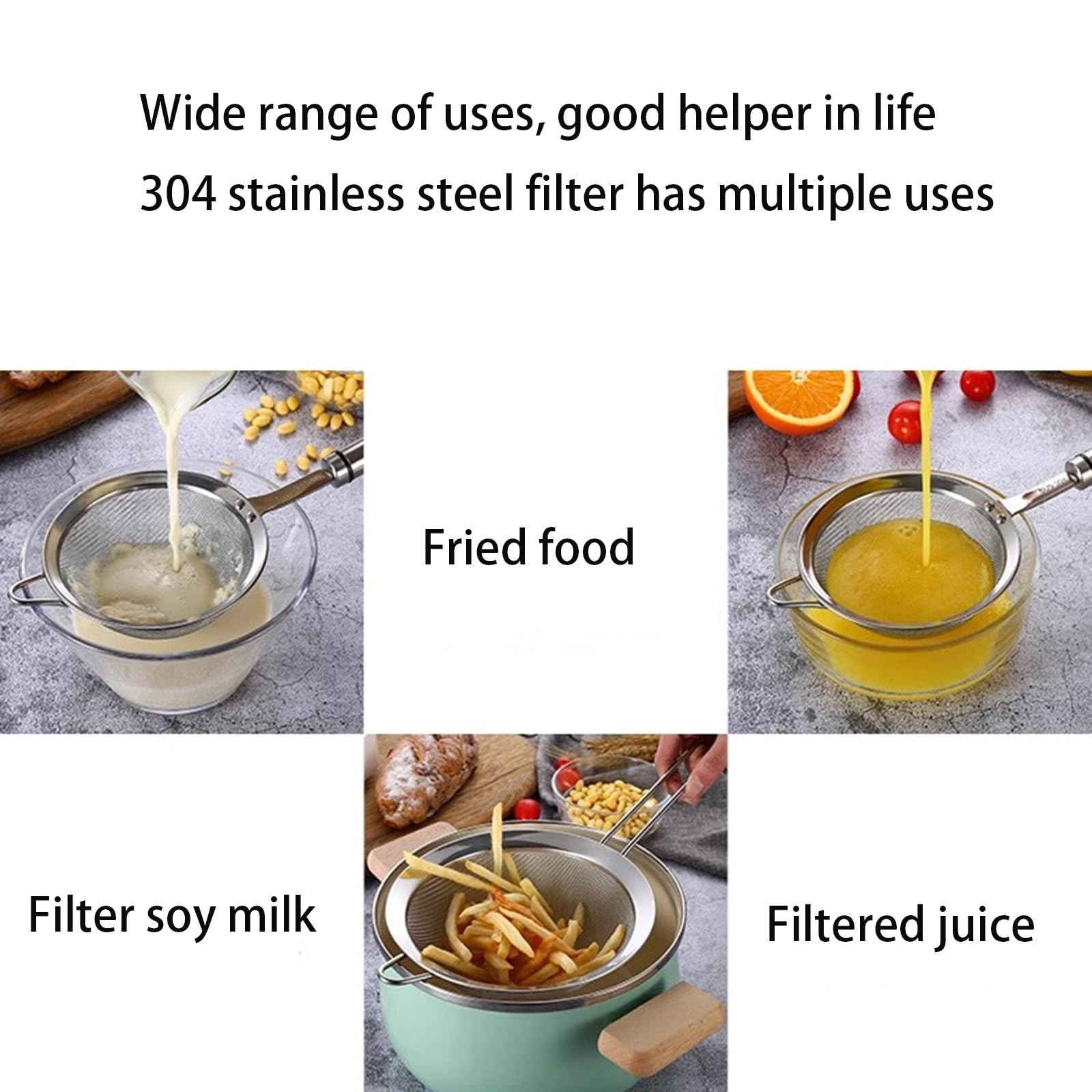 Tamiz de harina de acero inoxidable, tamiz de cocina de acero inoxidable de 3 piezas, colador de freír profundo, tamiz de malla fina, cocina para colar o drenar