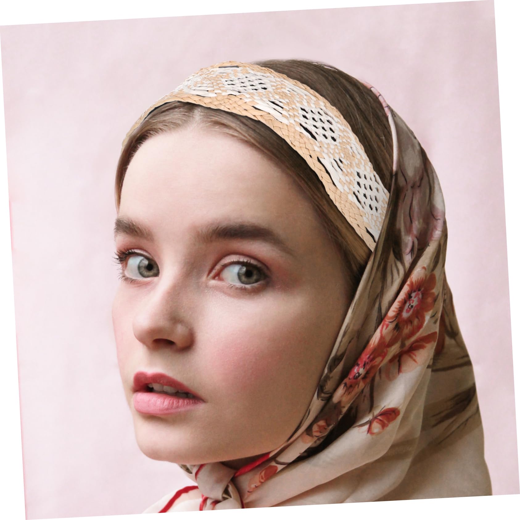 Bandeau Large Cheveux en Raphia Beige, Coiffe Rétro pour Femmes