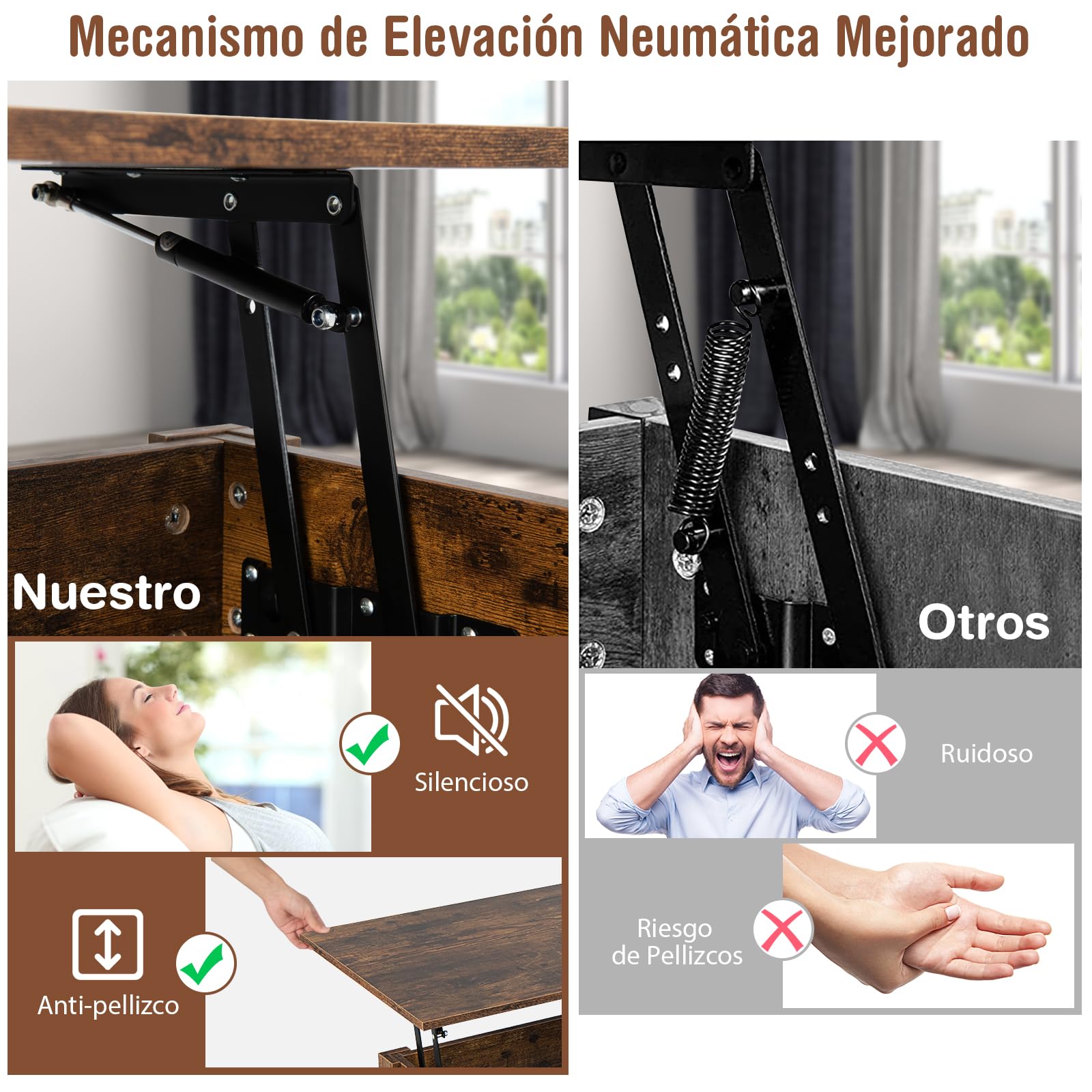 COSTWAY Mesa de Centro con Tablero Elevable, Mesa de Café Industrial con Compartimento, Estante de Almacenamiento y 2 Cajones, Mesita Mueble Salon con Sistema Neumático de Elevación del Tablero