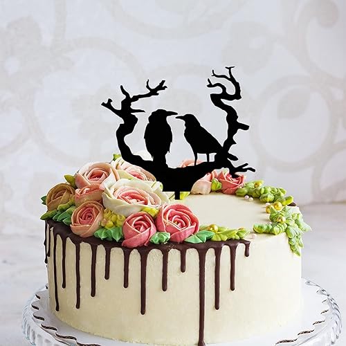 Miniatura 4 de Decoración para tartas de árbol muerto con dos cuervos y muertos, silueta simple, 5.9 pulgadas, acrílico, personalizable, fecha y nombre, para