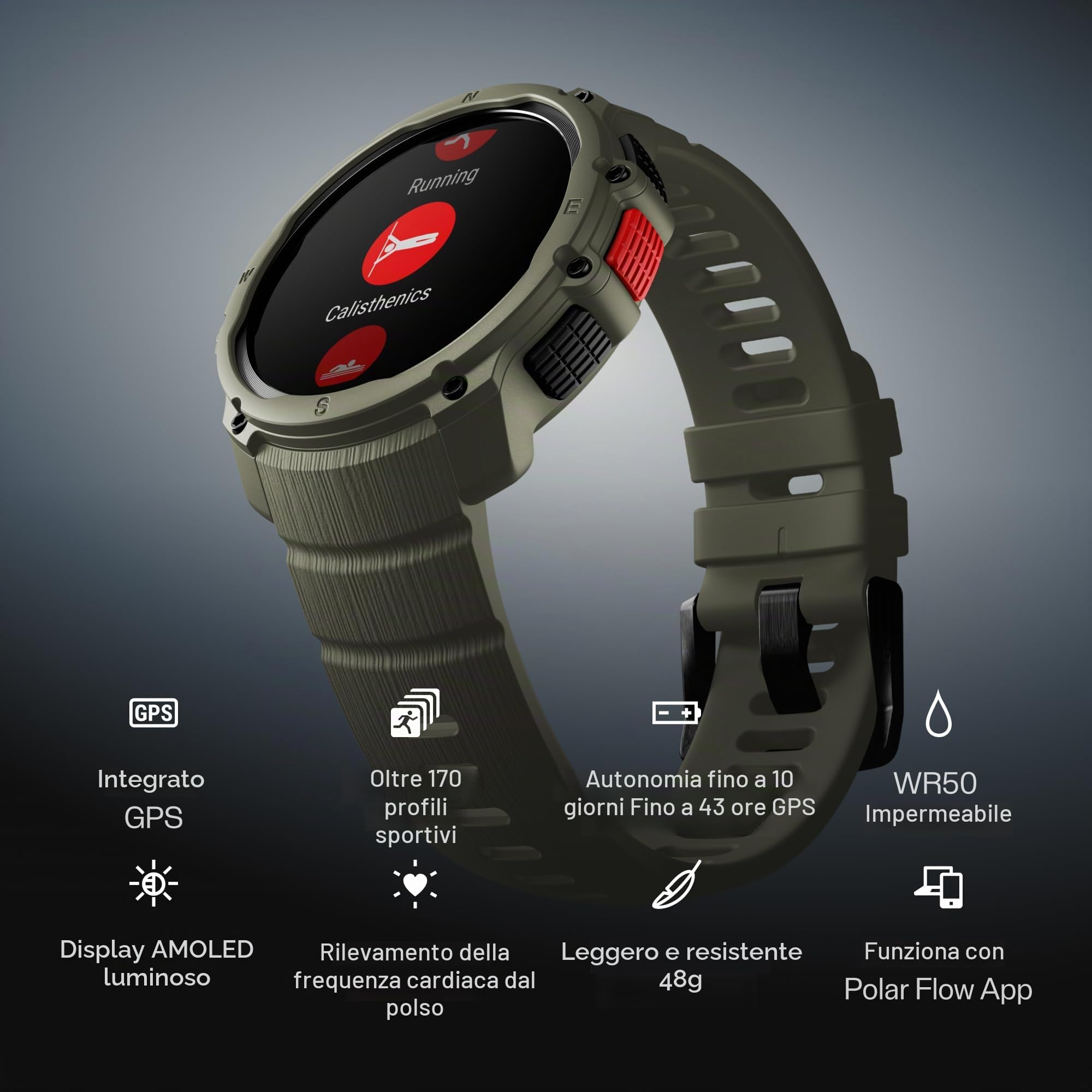 Polar Street X - Orologio sportivo da corsa GPS - Robusto impermeabile - 170+ profili sportivi - Batteria 10 giorni - Display AMOLED - Cardiofrequenzimetro da polso - Torcia integrata