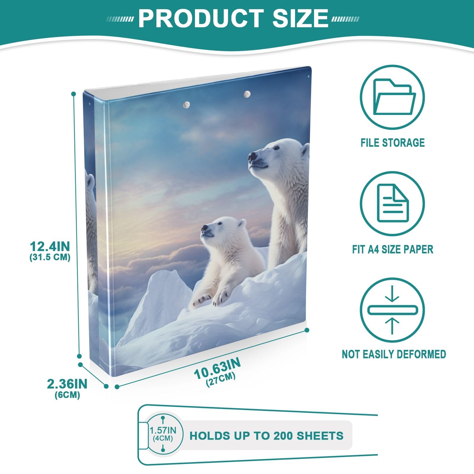 Polar Bear - Raccoglitore a 3 anelli, 3,8 cm, contiene 200 fogli con 3 tasche interne in PVC trasparente, per scuola e ufficio