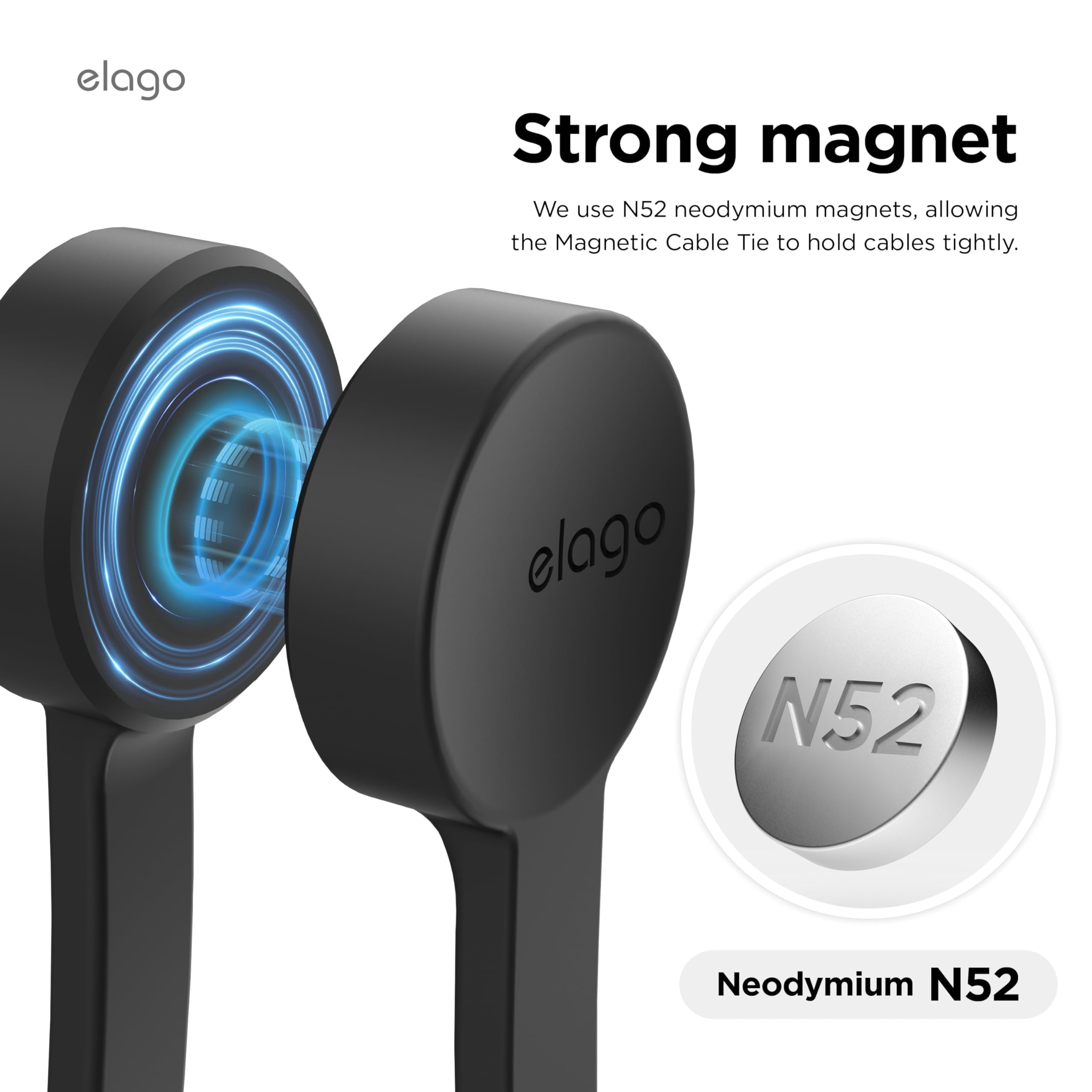 elago 3 Pack Magnetic Cable Ties, Premium Silicone Cord Organizer, Reusable Magnetic Cable Organizer (Black) - Image 3
