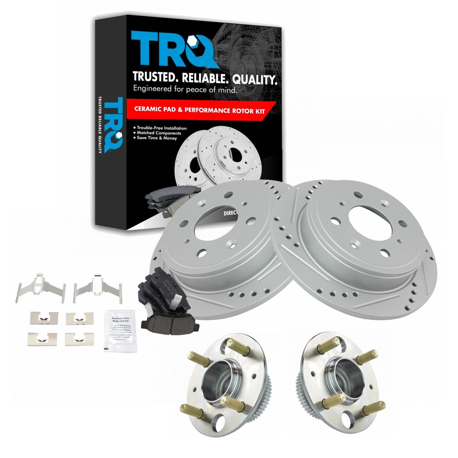 TRQ Performance Rear Brake Pad and Rotor Set Ceramic Drilled Slotted Coated Wear Sensor Compatible with 1990-1994 Acura Integra